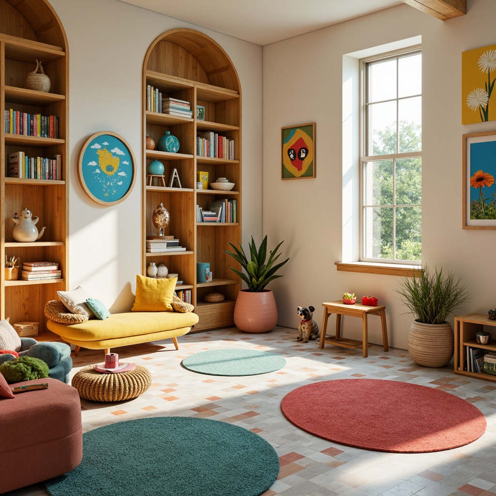 Prompt: Vibrant kids' room, bold color scheme, playful furniture, whimsical decorations, soft carpet flooring, plush area rugs, geometric patterned tiles, glossy epoxy resin finish, durable laminate wood, eco-friendly bamboo surfaces, cozy reading nooks, minimalist shelves, modern LED lighting, bright sunny day, shallow depth of field, 1/1 composition, realistic textures, ambient occlusion.