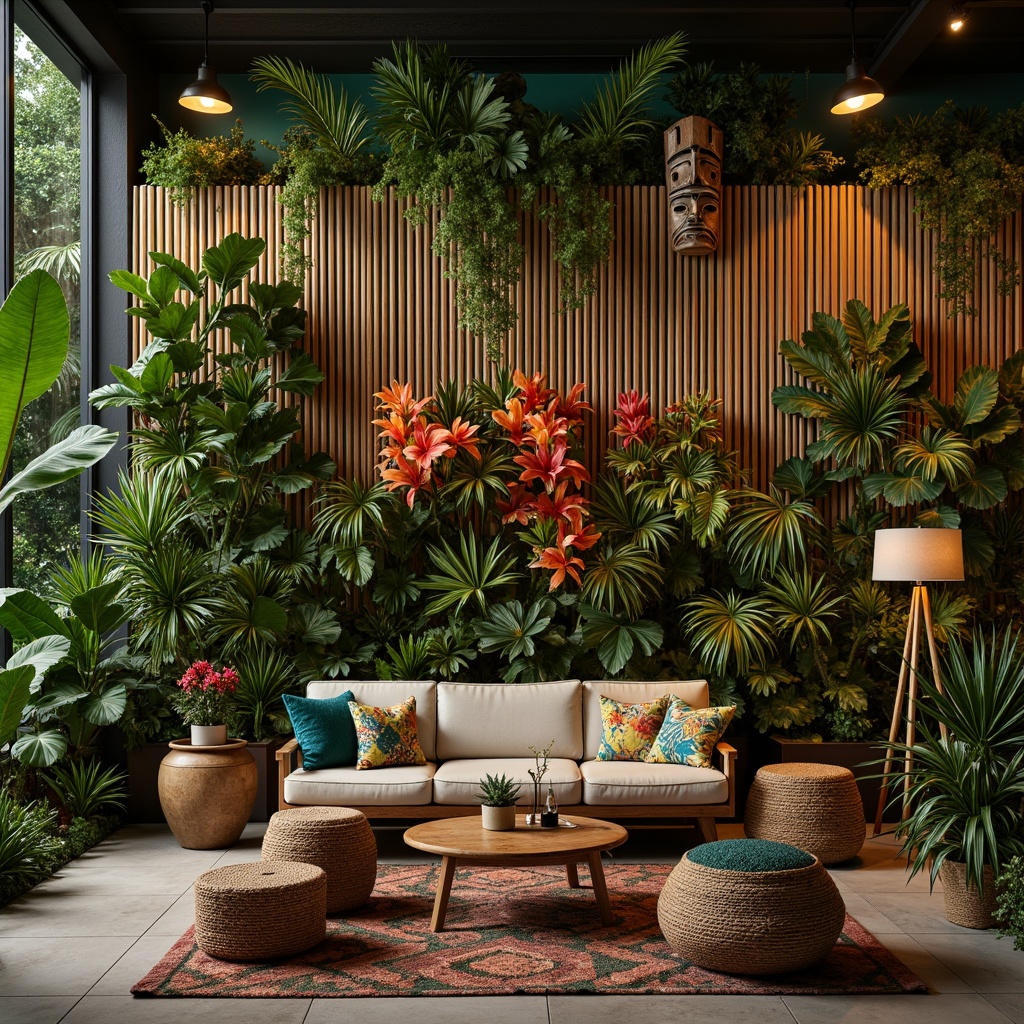 Prompt: Vibrant tropical leaf patterns, exotic flower arrangements, natural woven fibers, reclaimed wood accents, ocean-inspired color palette, coral reef textures, palm tree silhouettes, woven rattan baskets, colorful tiki masks, lush greenery, dramatic lighting, warm golden tones, 3/4 composition, shallow depth of field, realistic textures, ambient occlusion.