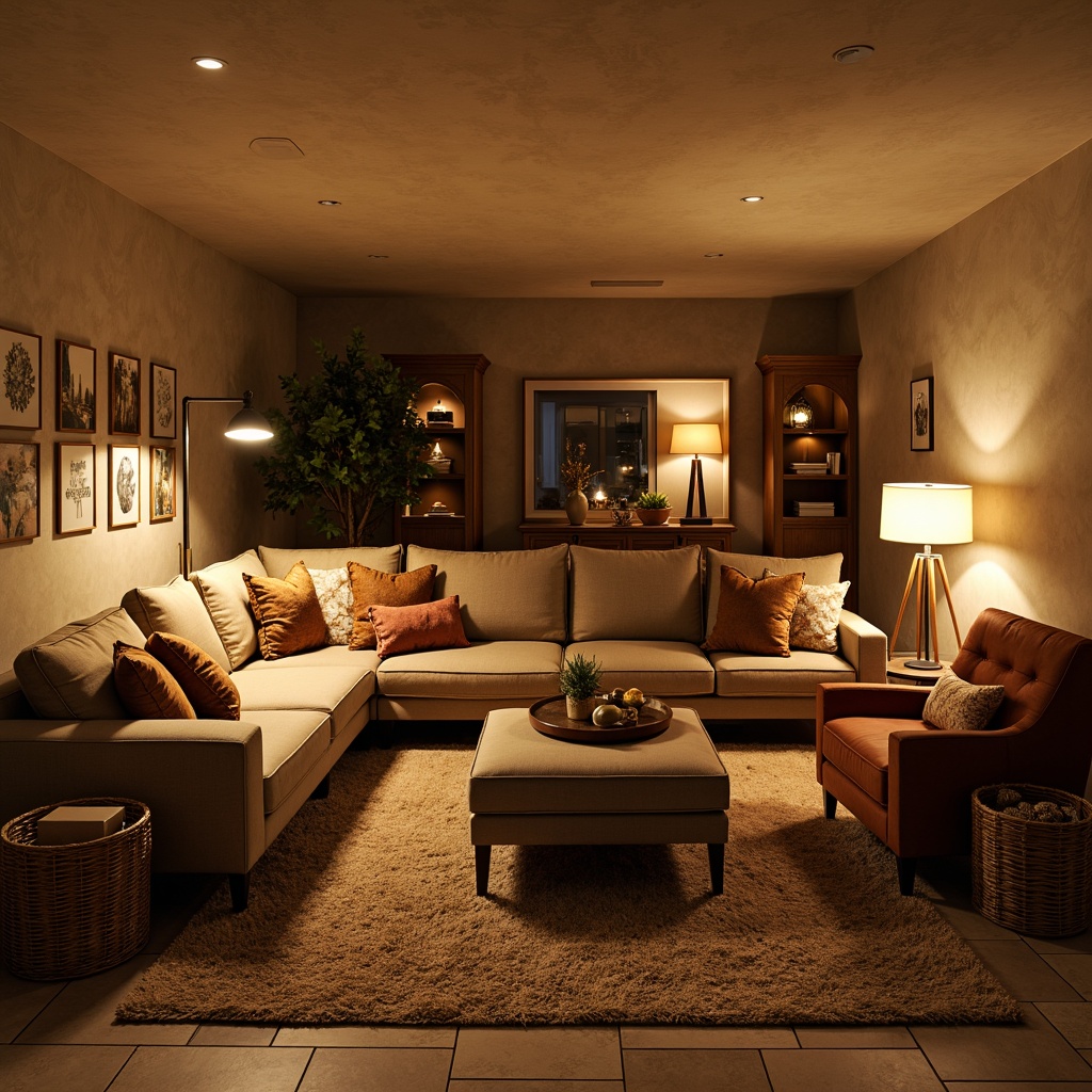 Prompt: Cozy basement retreat, warm beige walls, plush area rug, comfortable sectional sofa, soft velvet pillows, wooden coffee table, rustic metal lamp, natural stone flooring, earthy tone colors, inviting ambiance, relaxing atmosphere, dimmable floor lamps, bookshelves, vintage decorative items, rich leather armchair, oversized ottoman, woven basket storage, warm golden lighting, 1/1 composition, intimate setting, realistic textures, ambient occlusion.