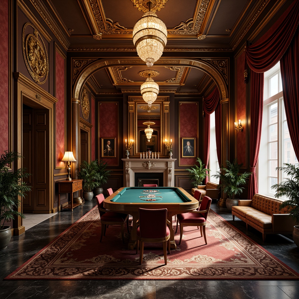 Prompt: Richly ornamented game room, intricately carved wooden paneling, luxurious velvet drapes, ornate gold leaf accents, neoclassical architectural details, opulent crystal chandeliers, lavish furnishings, tufted leather sofas, marble floors, grandiose columns, subtle warm lighting, shallow depth of field, 1/1 composition, realistic textures, ambient occlusion.