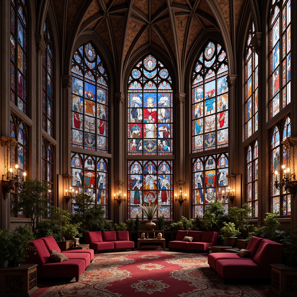 Prompt: Intricate stained glass windows, vibrant colorful patterns, Gothic arches, ribbed vaults, ornate stone carvings, majestic interior spaces, grand chandeliers, luxurious furnishings, rich velvet fabrics, jewel-toned accents, mystical ambiance, soft warm lighting, dramatic shadows, symmetrical composition, 1/1 ratio, detailed textures, ambient occlusion.