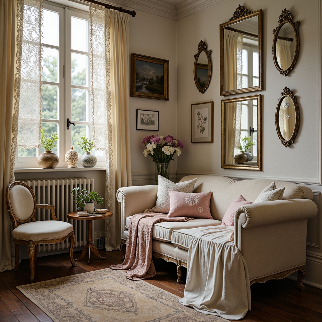 Prompt: Distressed wood furniture, vintage ornate mirrors, soft pastel hues, lace curtains, floral patterns, ruffled fabrics, antique accessories, distressed finishes, rustic metal accents, natural woven textiles, warm candlelight, soft focus, 1/1 composition, romantic ambiance, subtle color palette, delicate trinkets, faded elegance, whimsical decor.