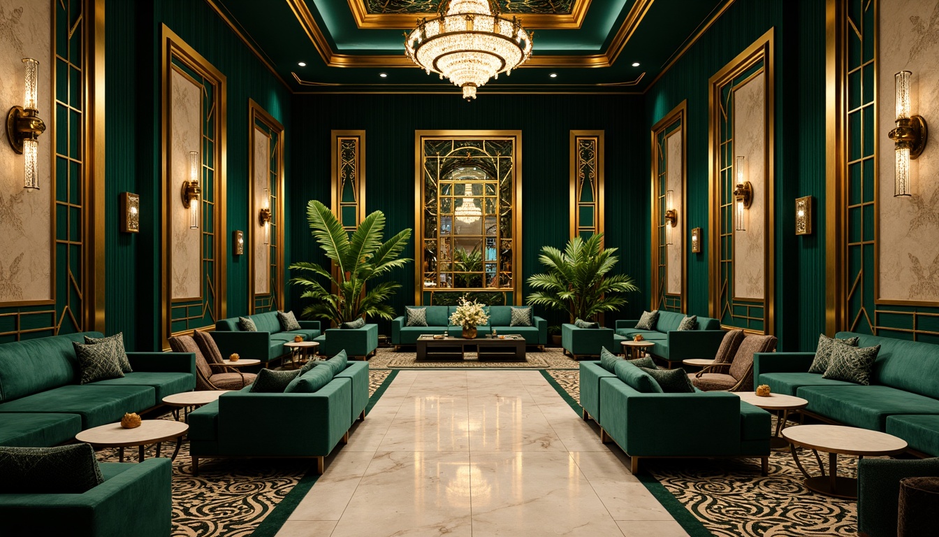 Prompt: Luxurious Art Deco interior, rich jewel-toned colors, emerald green walls, golden metallic accents, opulent velvet fabrics, geometric patterns, ornate moldings, lavish chandeliers, marble floors, bold black lines, vintage glamour, sophisticated ambiance, warm soft lighting, shallow depth of field, 1/1 composition, symmetrical layout, realistic textures, ambient occlusion.