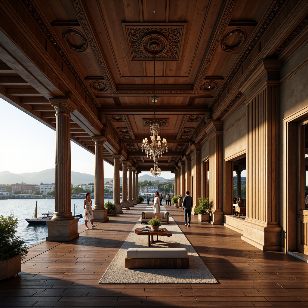 Prompt: Waterfront setting, rustic boathouse, neoclassical architecture, ornate moldings, carved wooden decorations, elegant cornices, grandiose pediments, fluted columns, architraves, intricate ceiling details, luxurious chandeliers, opulent furnishings, rich wood tones, soft warm lighting, shallow depth of field, 1/1 composition, panoramic view, realistic textures, ambient occlusion.