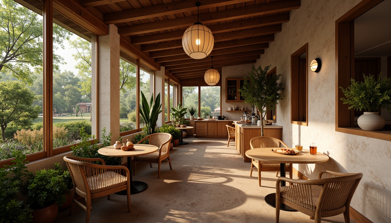 Prompt: Cozy breakfast nook, natural wood tones, woven bamboo chairs, intricately carved wooden tables, subtle curved lines, traditional Asian-inspired lanterns, soft warm lighting, rustic stone walls, lush greenery, potted plants, delicate ceramic vases, hand-painted porcelain, earthy color palette, minimal ornamentation, clean-lined cabinets, elegant simplicity, inviting ambiance, serene atmosphere, shallow depth of field, 1/2 composition, realistic textures, ambient occlusion.