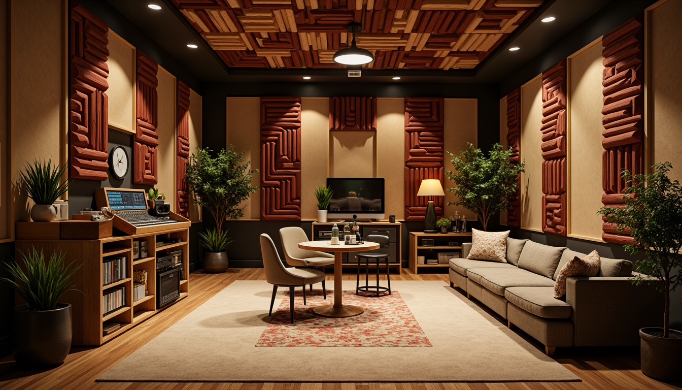 Prompt: Cozy recording studio, soundproofing materials, acoustic panels, wooden diffusers, fabric-wrapped absorbers, sound-absorbing foams, microphone stands, audio equipment, professional mixing consoles, high-quality speakers, comfortable seating areas, warm ambient lighting, 1/2 composition, soft focus, realistic textures.