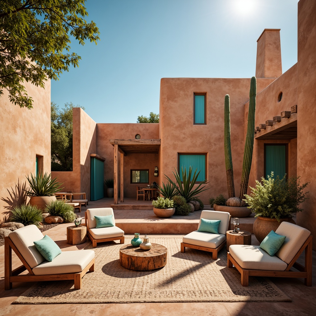 Prompt: Vibrant turquoise accents, earthy terracotta walls, sandy beige floors, rich sienna red furniture, natural linen fabrics, weathered wooden beams, distressed leather textures, warm golden lighting, soft adobe architecture, rustic metal decorations, intricate Native American patterns, bold geometric shapes, sunny desert landscapes, clear blue skies, majestic saguaro cacti, ancient pueblo inspirations, organic natural materials, eclectic global influences, bohemian chic atmosphere.