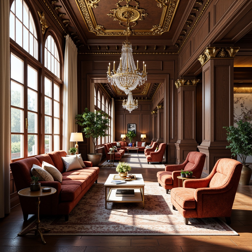 Prompt: Luxurious living room, ornate moldings, intricate carvings, golden accents, rich wood tones, plush furnishings, velvet upholstery, crystal chandeliers, floor-to-ceiling windows, natural light pouring in, soft warm glow, 1/1 composition, shallow depth of field, realistic textures, ambient occlusion, luxurious fabrics, detailed patterns, elegant curves, sophisticated ambiance.