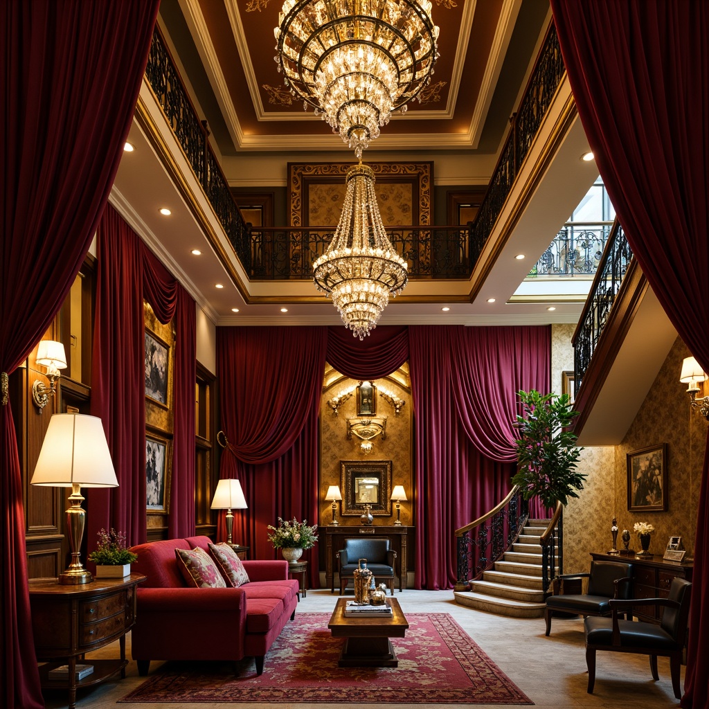 Prompt: Luxurious interior, opulent chandeliers, geometric metalwork, ornate sconces, crystal droplets, lavish furnishings, velvet drapes, rich wood paneling, metallic accents, bold color schemes, glamorous atmosphere, high ceilings, grand staircases, intricate moldings, sophisticated textures, warm golden lighting, dramatic shadows, 1/1 composition, shallow depth of field, cinematic ambiance.