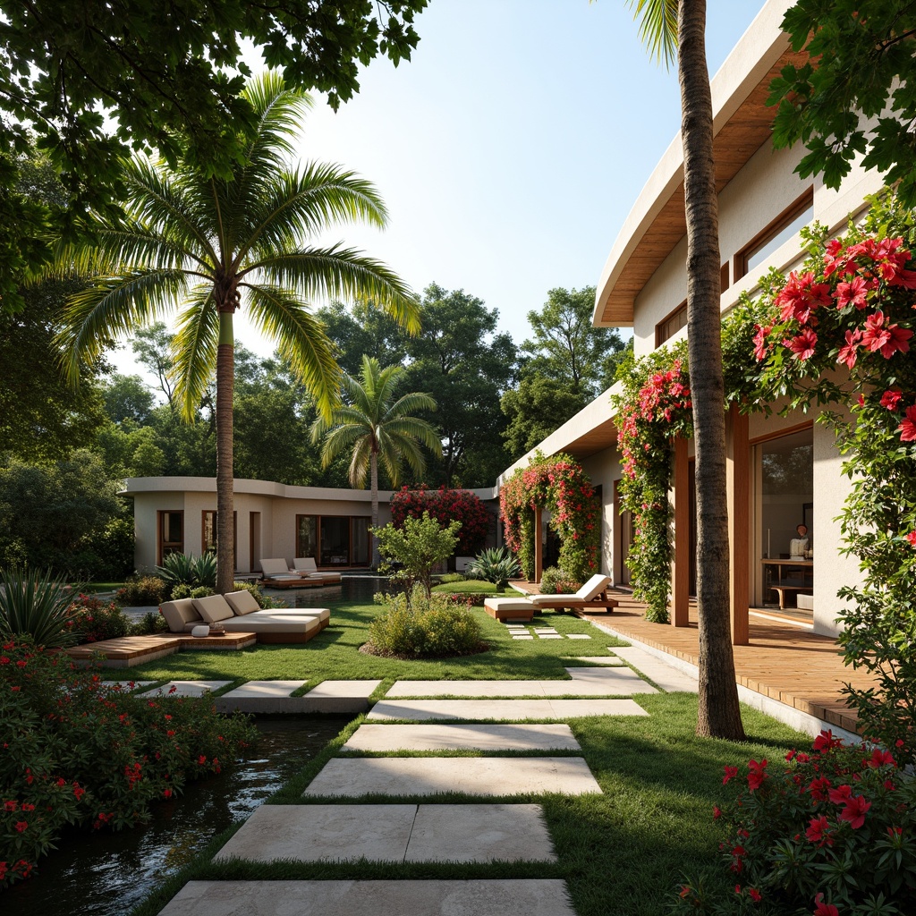 Prompt: Lush tropical garden, exotic palm trees, vibrant hibiscus flowers, colorful bougainvillea vines, natural stone pathways, wooden decking, outdoor seating areas, tranquil water features, modern tropical architecture, curved lines, large overhangs, sliding glass doors, bright interior lighting, airy open spaces, natural ventilation systems, sustainable building materials, eco-friendly design elements, warm sunny day, soft diffused lighting, shallow depth of field, 1/2 composition, intimate view, realistic textures, ambient occlusion.