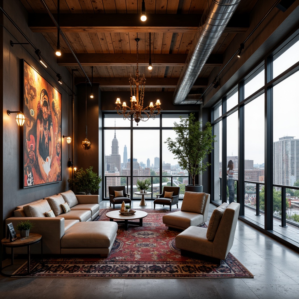 Prompt: Eclectic penthouse, luxurious interior, modern chandeliers, industrial pendant lamps, vintage sconces, edgy track lighting, reclaimed wood accents, exposed ductwork, polished concrete floors, metal beam ceilings, floor-to-ceiling windows, city skyline views, dramatic staircases, rich textiles, bold color schemes, oversized artwork, abstract sculptures, eclectic furniture pieces, warm ambient lighting, high contrast ratios, cinematic composition, shallow depth of field.