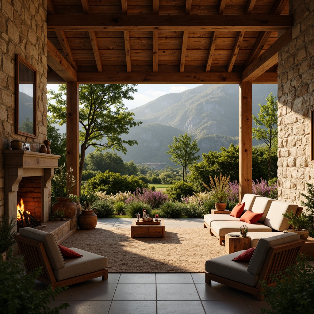 Prompt: Rustic villa, wooden accents, natural stone walls, earthy color palette, cozy fireplaces, plush furnishings, distressed wood beams, vintage decorations, lush greenery, wildflowers, mountainous landscape, serene atmosphere, warm sunny day, soft golden lighting, shallow depth of field, 1/1 composition, intimate close-ups, realistic textures, ambient occlusion.