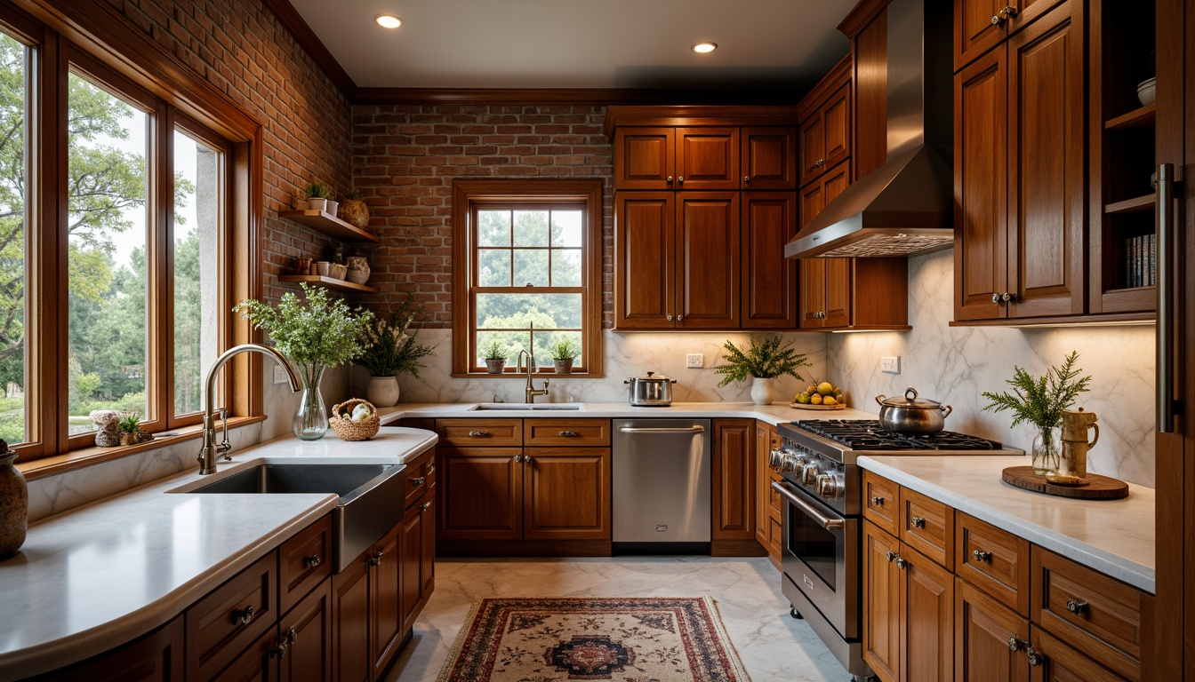 Prompt: Elegant kitchen, warm wooden cabinets, classic marble countertops, ornate metal fixtures, vintage-inspired appliances, brass hardware, soft warm lighting, cozy breakfast nook, plush area rug, rustic brick wall, natural stone flooring, earthy color palette, 3/4 composition, shallow depth of field, realistic textures.