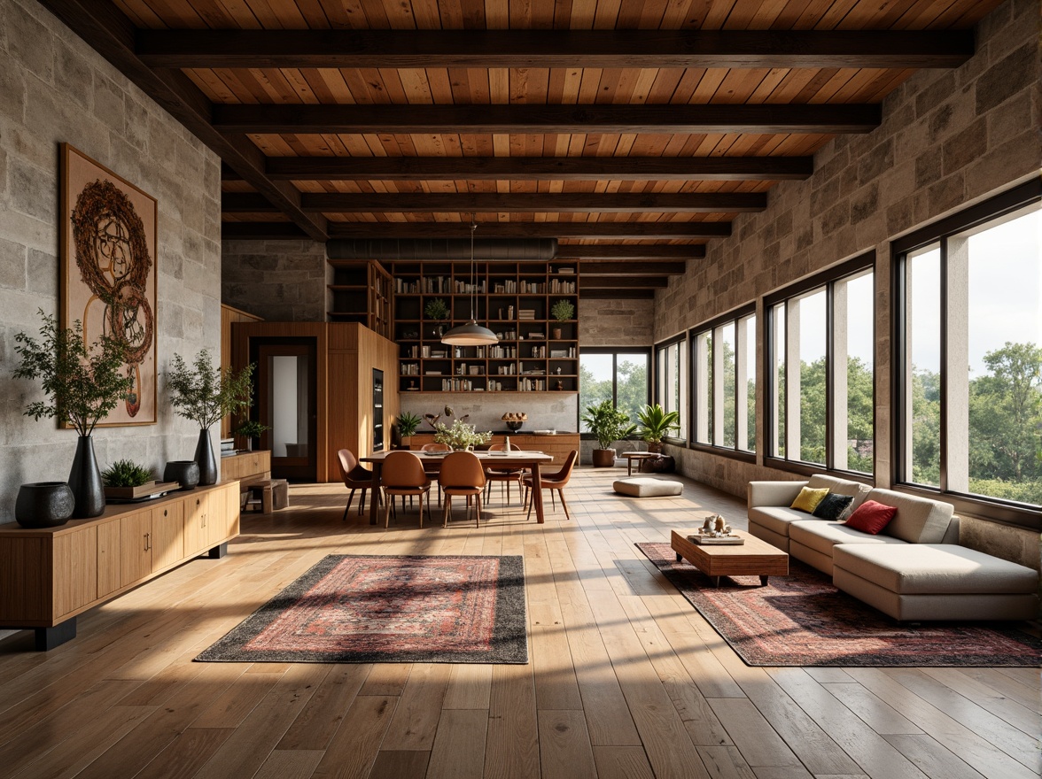 Prompt: Rustic wooden accents, earthy tones, natural stone walls, exposed brick textures, industrial metal beams, reclaimed wood floors, cozy reading nooks, plush area rugs, modern minimalist furniture, floor-to-ceiling windows, soft warm lighting, shallow depth of field, 3/4 composition, panoramic view, realistic textures, ambient occlusion.