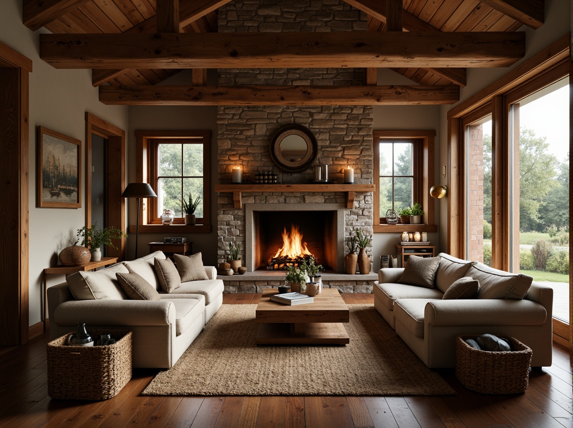 Prompt: Cozy family room, wooden accents, rustic furniture, plush sofas, chunky armchairs, woven baskets, natural textiles, earthy color palette, stone fireplace, wooden beams, distressed finishes, vintage decorations, warm ambient lighting, soft candlelight, 3/4 composition, shallow depth of field, realistic textures, ambient occlusion.