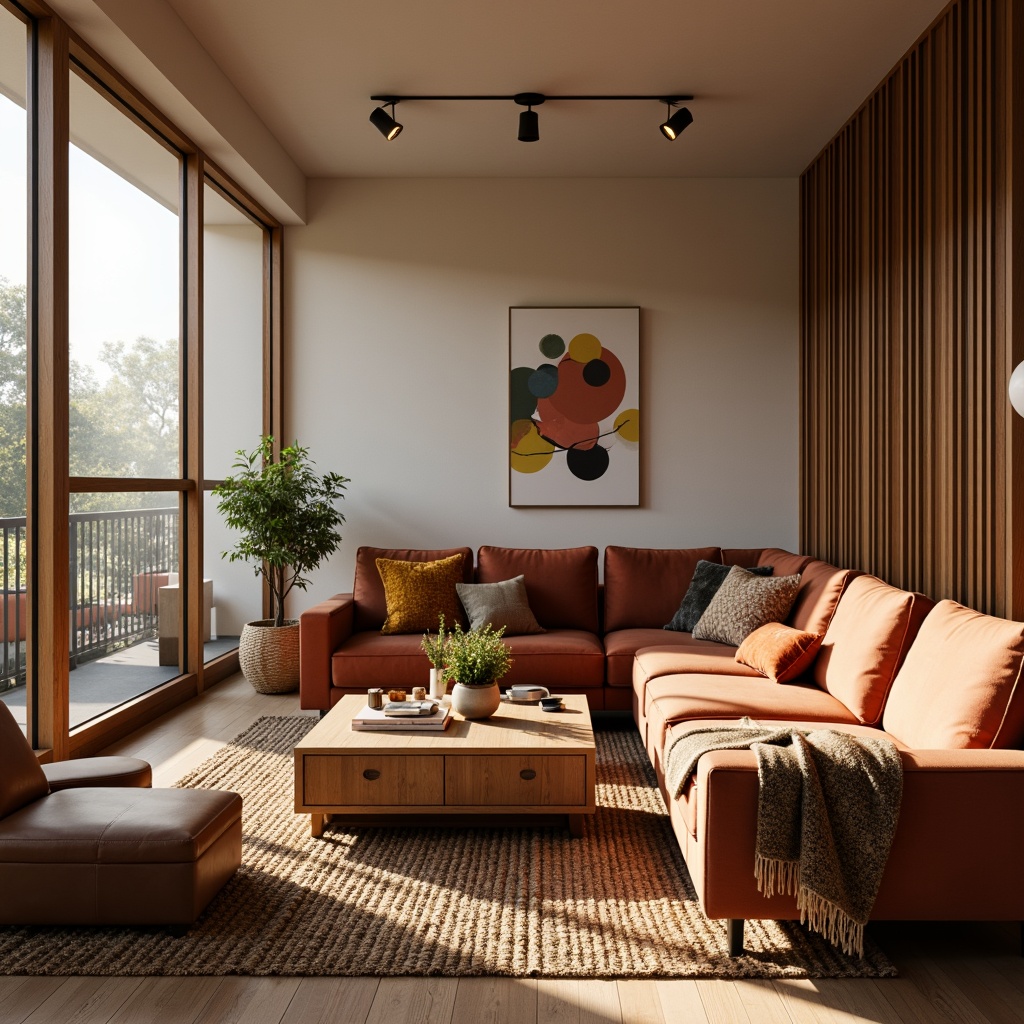 Prompt: Cozy living room, plush velvet sofas, soft woven rugs, warm beige walls, floor-to-ceiling windows, natural wood accents, minimalist coffee table, vibrant patterned throw pillows, luxurious faux fur blankets, ambient warm lighting, 1/2 composition, intimate atmosphere, realistic fabric textures, subtle shadows.