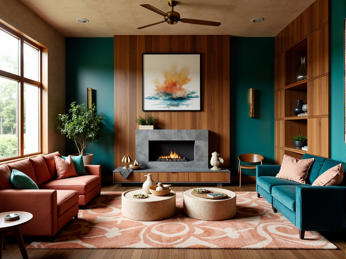 Prompt: Vibrant living room, bold statement walls, rich walnut wood accents, plush velvet furniture, metallic gold lighting fixtures, soft peach-toned rugs, abstract geometric patterns, warm beige ceiling, natural stone coffee tables, industrial chic decor, modern minimalist artwork, moody atmospheric color scheme, deep blues and emerald greens, warm golden hour lighting, high-contrast composition, cinematic shallow focus.