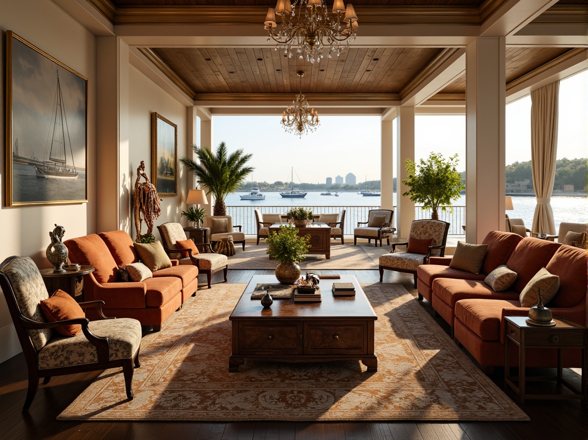 Prompt: Elegant boathouse, Neoclassical architecture, white marble columns, ornate wooden accents, nautical decorations, vintage sailing artifacts, luxurious velvet sofas, distressed leather armchairs, antique wooden coffee tables, crystal chandeliers, soft golden lighting, warm beige walls, dark hardwood floors, plush area rugs, majestic waterfront views, serene lake scenery, sailboats, yachts, calm sunny day, shallow depth of field, 1/1 composition, realistic textures, ambient occlusion.