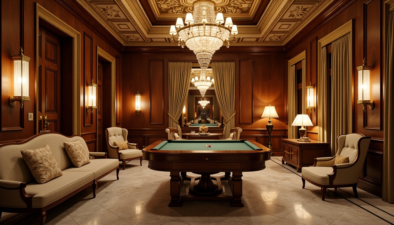 Prompt: Elegant game room, rich wood paneling, ornate moldings, crystal chandeliers, warm golden lighting, soft box lights, ambient floor lamps, luxurious fabrics, velvet drapes, antique furniture, neoclassical architectural details, grand scale, high ceilings, marble floors, intricate ceiling designs, subtle color palette, warm beige tones, 1/1 composition, soft focus, realistic textures, cinematic atmosphere.