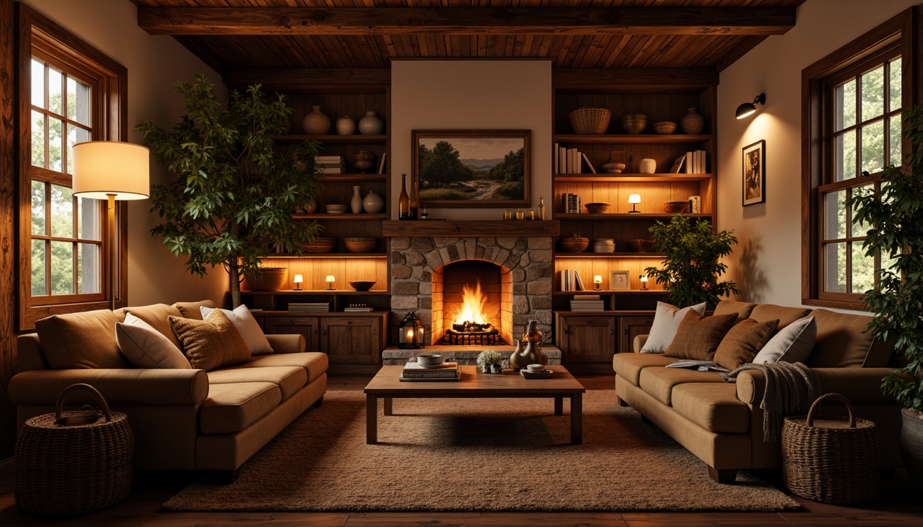 Prompt: Cozy family room, rustic wooden accents, warm earthy tones, vintage furniture, plush throw blankets, soft candlelight, table lamps, floor lamps, warm white lighting, natural textiles, woven baskets, stone fireplace, crackling fire, comfortable seating, intimate atmosphere, warm color palette, relaxing ambiance, soft shadows, 3/4 composition, atmospheric lighting, realistic textures.