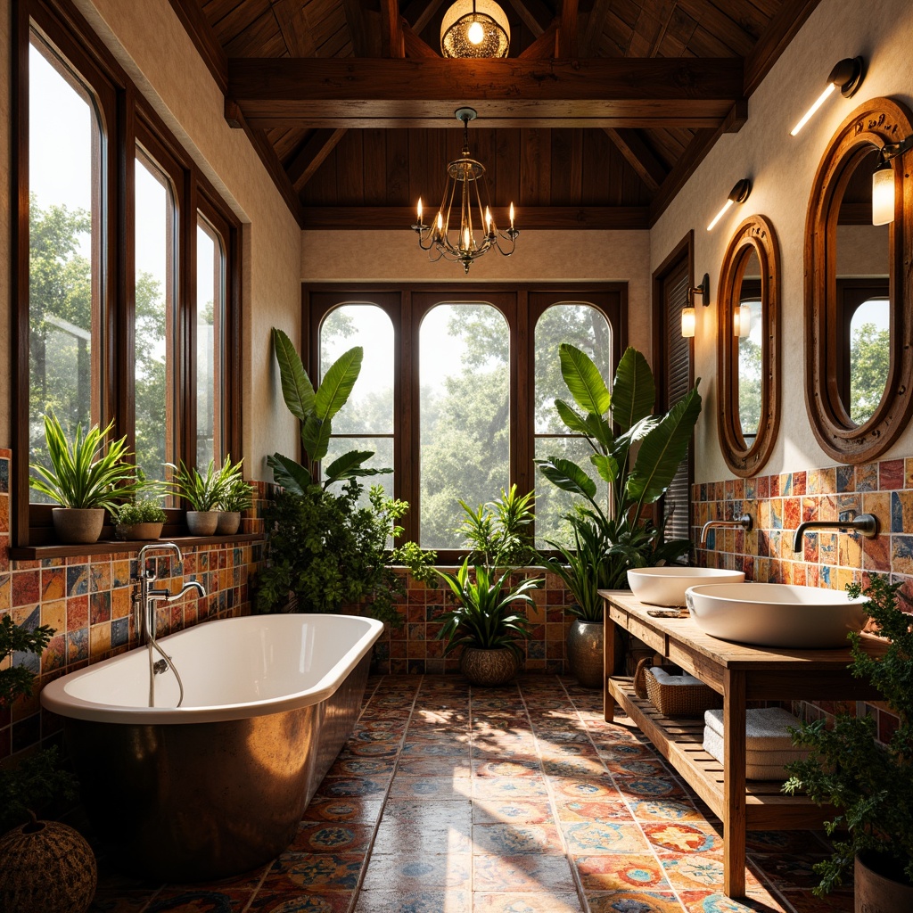 Prompt: Vibrant eclectic bathroom, freestanding tubs, ornate metal fixtures, rich wood accents, bold colorful tiles, geometric patterns, industrial-chic lighting, reclaimed wooden vanities, distressed metal mirrors, rustic stone flooring, tropical plants, warm golden lighting, shallow depth of field, 1/1 composition, realistic textures, ambient occlusion.