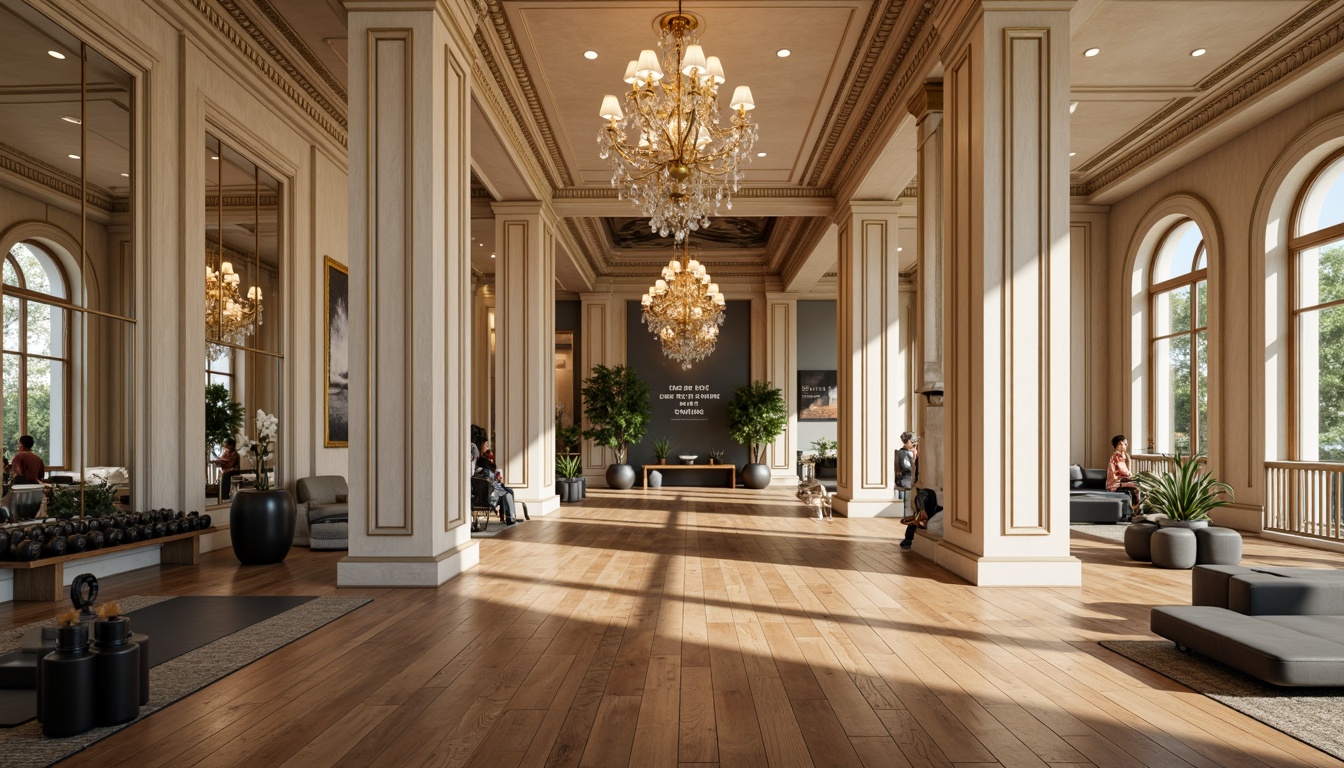 Prompt: Grand home gym, neoclassical columns, ornate moldings, rich wood flooring, cream-colored walls, elegant chandeliers, large mirrors, professional fitness equipment, free weights, exercise machines, yoga mats, motivational quotes, natural stone accents, archways, vaulted ceilings, soft warm lighting, 1/1 composition, realistic textures, ambient occlusion.