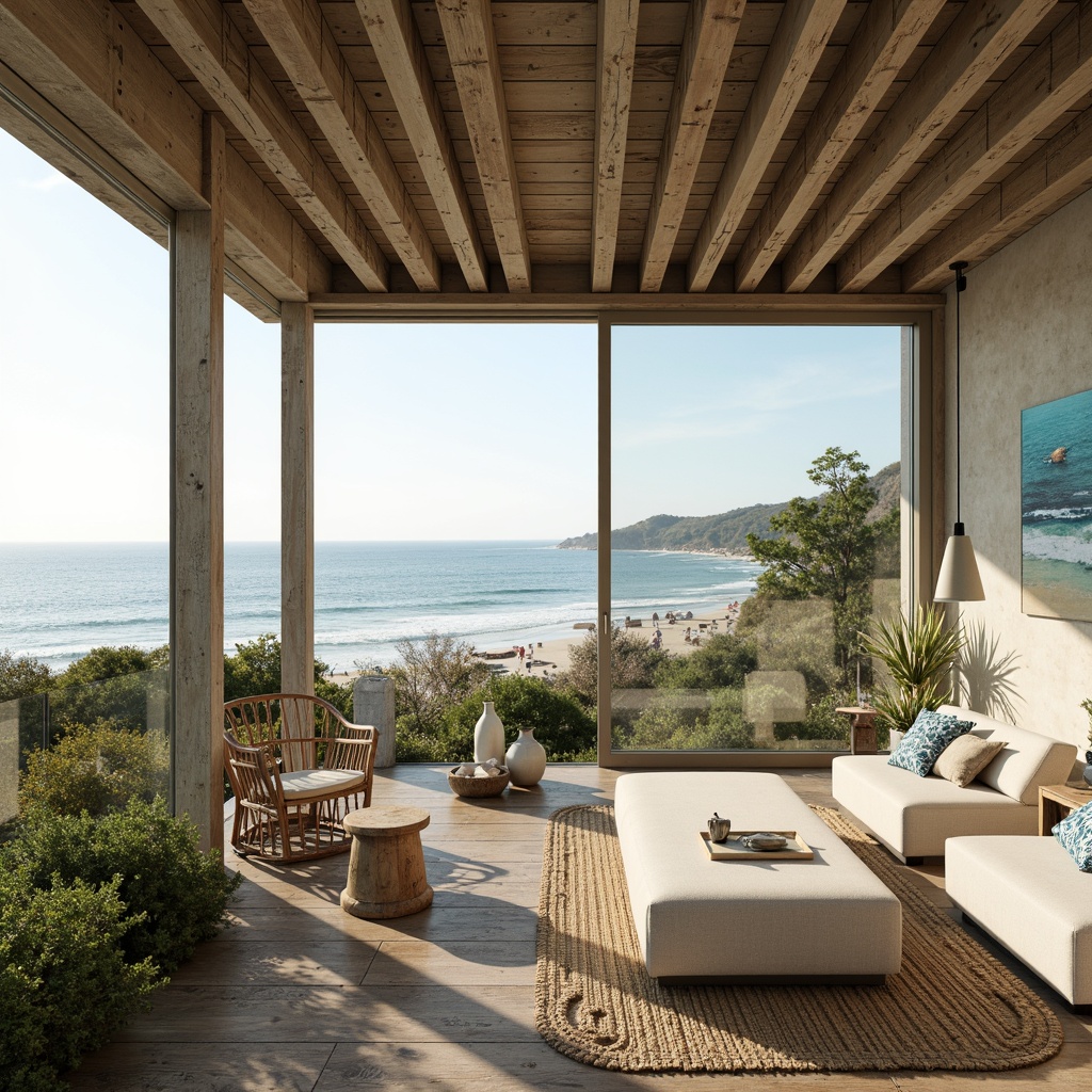 Prompt: Soothing ocean views, calming sea breeze, natural wood accents, driftwood-inspired furniture, soft blue-green color palette, coastal-themed artwork, woven textiles, organic shapes, minimalist decor, abundant natural light, floor-to-ceiling windows, sliding glass doors, outdoor therapy spaces, seaside-inspired landscaping, weathered steel beams, reclaimed wood flooring, nautical rope details, coral-inspired patterns, gentle ocean sounds, warm beige stonework, curved lines, 1/1 composition, softbox lighting, realistic textures.