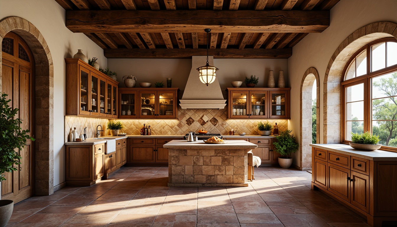 Prompt: Renaissance-style kitchen, ornate cabinetry, golden hardware, luxurious marble countertops, intricate tile patterns, Mediterranean-inspired backsplash, warm earthy tones, rustic stone walls, distressed wood accents, elegant archways, soft warm lighting, shallow depth of field, 3/4 composition, realistic textures, ambient occlusion.