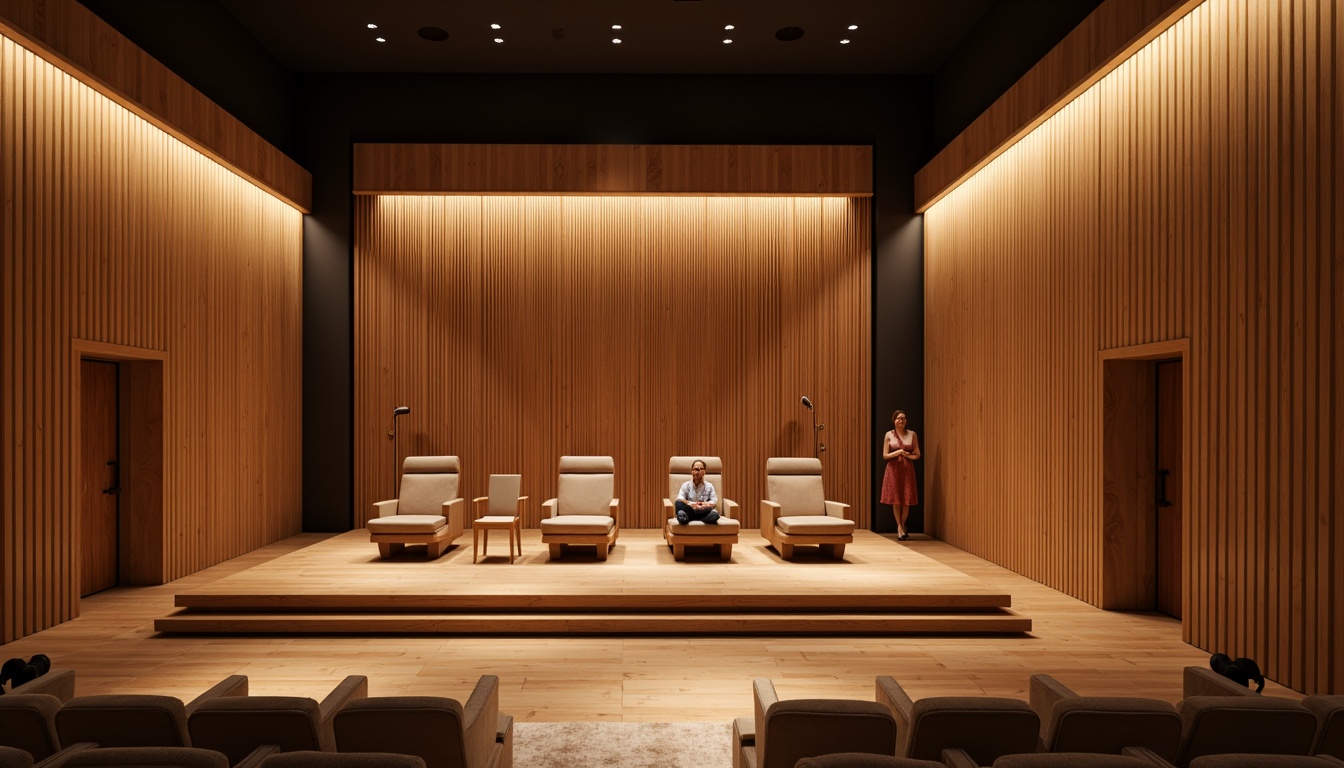 Prompt: Modern Scandinavian theater, minimalist wooden stage, soft warm lighting, plush velvet seats, ergonomic chair design, gentle curve lines, Nordic-inspired color palette, light oak wood accents, woven textile upholstery, cozy intimate atmosphere, subtle ambient glow, shallow depth of field, 3/4 composition, panoramic view, realistic textures, ambient occlusion.