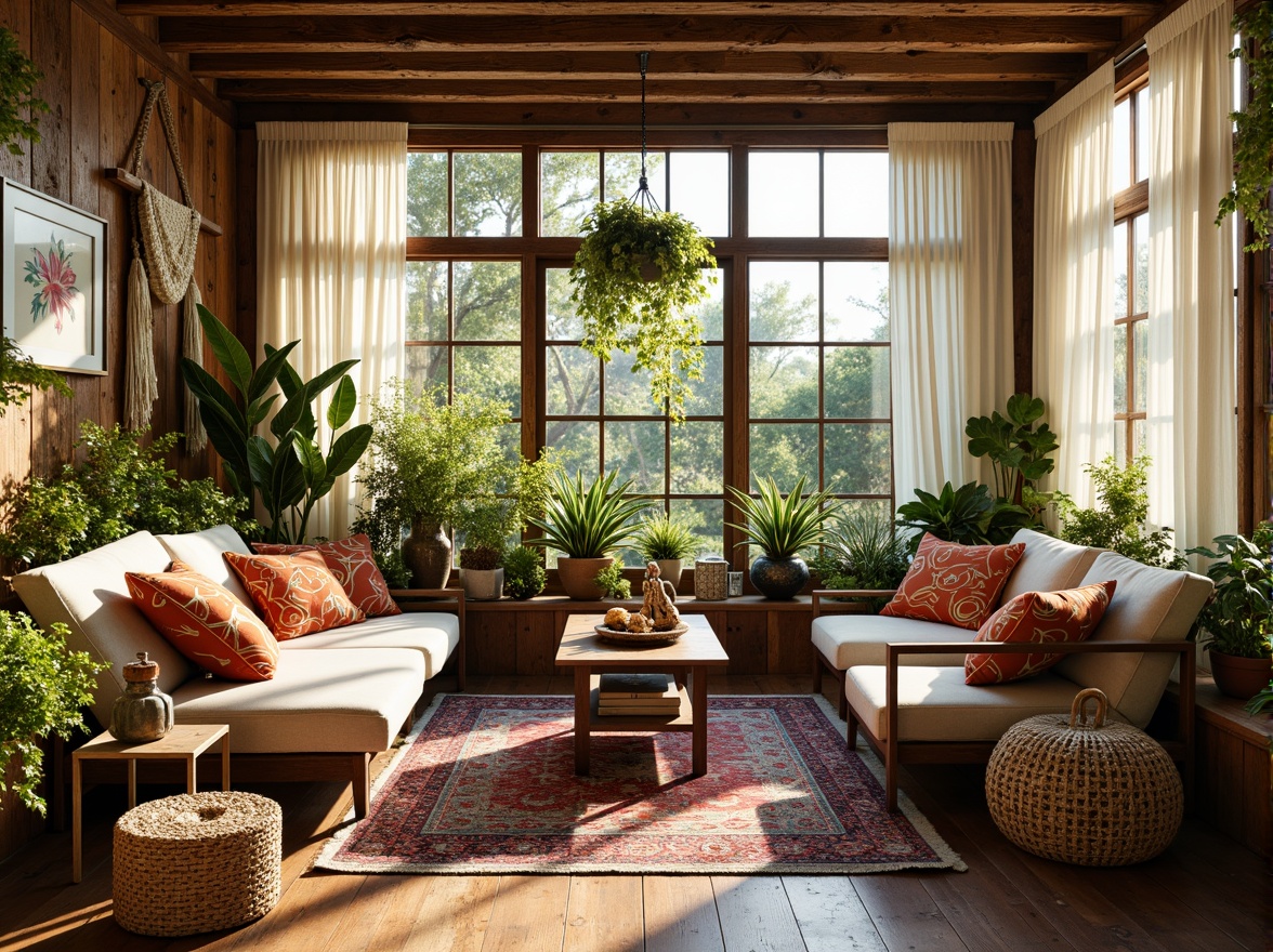 Prompt: Vibrant eclectic sunroom, lush greenery, natural textures, reclaimed wood accents, distressed metal frames, colorful patterned rugs, plush oversized pillows, macrame hangings, woven basket chairs, rattan coffee tables, bohemian-inspired decor, floor-to-ceiling windows, sheer white curtains, billowy drapes, abstract art pieces, eclectic vintage furniture, warm golden lighting, soft afternoon sunbeams, shallow depth of field, 1/1 composition, realistic textures, ambient occlusion.