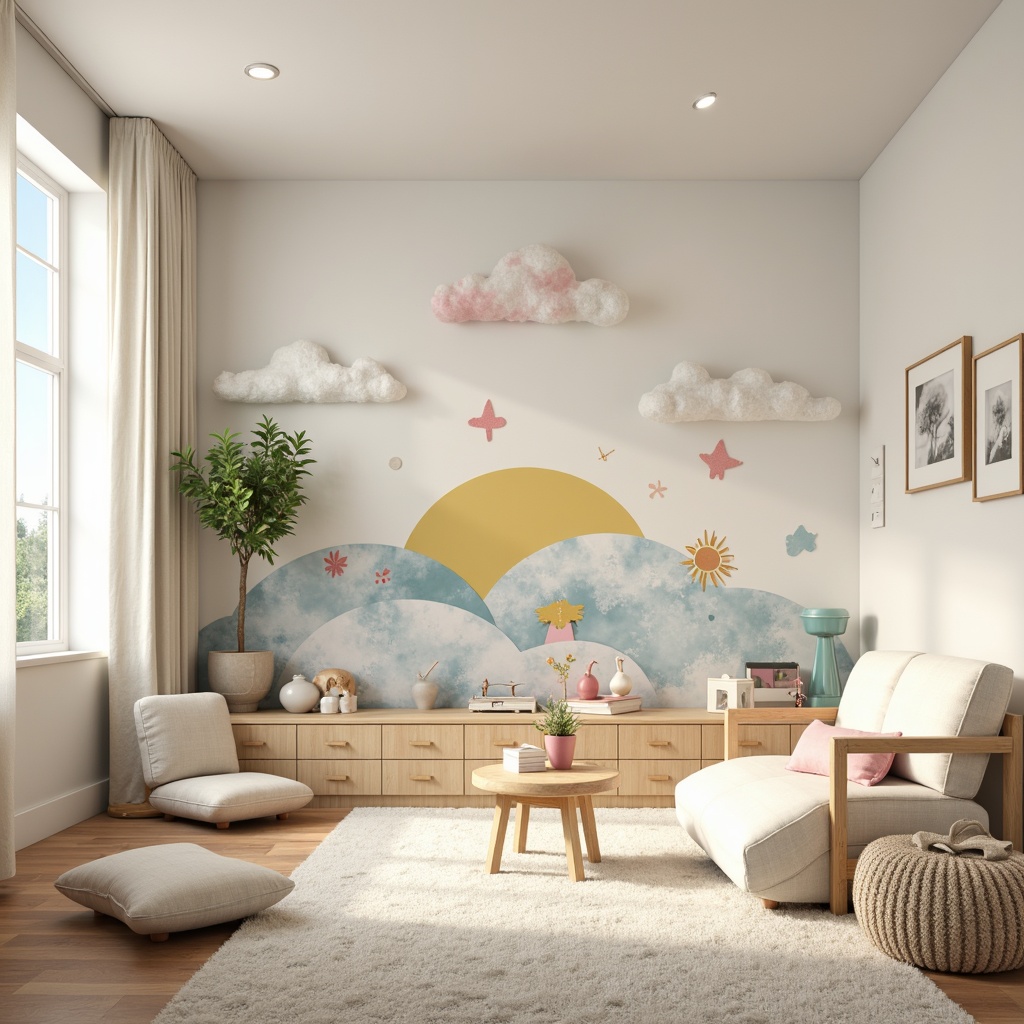 Prompt: Soft pastel hues, gentle nursery rhyme ambiance, creamy whites, warm beiges, soothing blues, pale yellows, gentle pinks, whimsical illustrations, playful polka dots, delicate florals, natural wood furniture, plush area rugs, cozy reading nooks, dreamy cloud-inspired ceiling designs, subtle texture contrasts, calming color harmony, peaceful atmosphere, 1/1 composition, warm softbox lighting, realistic fabric textures, ambient occlusion.