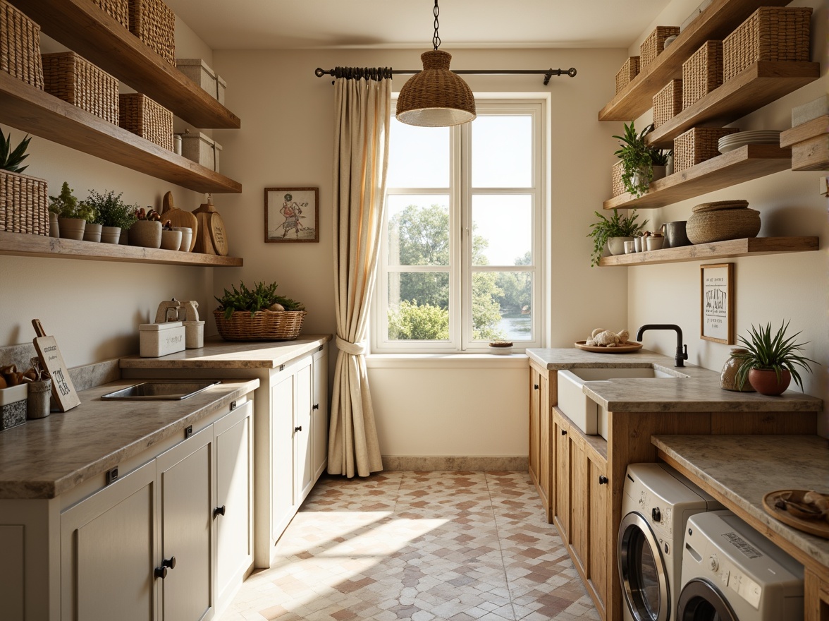 Prompt: Cozy laundry room, warm beige walls, soft creamy whites, gentle light wood tones, vintage metal cabinets, distressed wooden shelves, woven wicker baskets, classic checkerboard floors, rustic stone countertops, farmhouse sink, antique bronze fixtures, natural linen curtains, warm sunny lighting, shallow depth of field, 1/1 composition, inviting atmosphere.