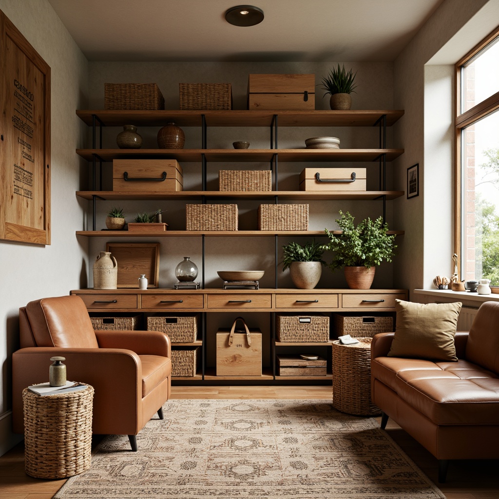 Prompt: Mid-century modern storage room, wooden crates, industrial metal shelving, vintage luggage racks, woven wicker baskets, geometric patterned rugs, natural wood accents, minimalist decor, functional furniture, sleek metal handles, rich leather upholstery, warm beige walls, soft warm lighting, 1/1 composition, shallow depth of field, realistic textures.