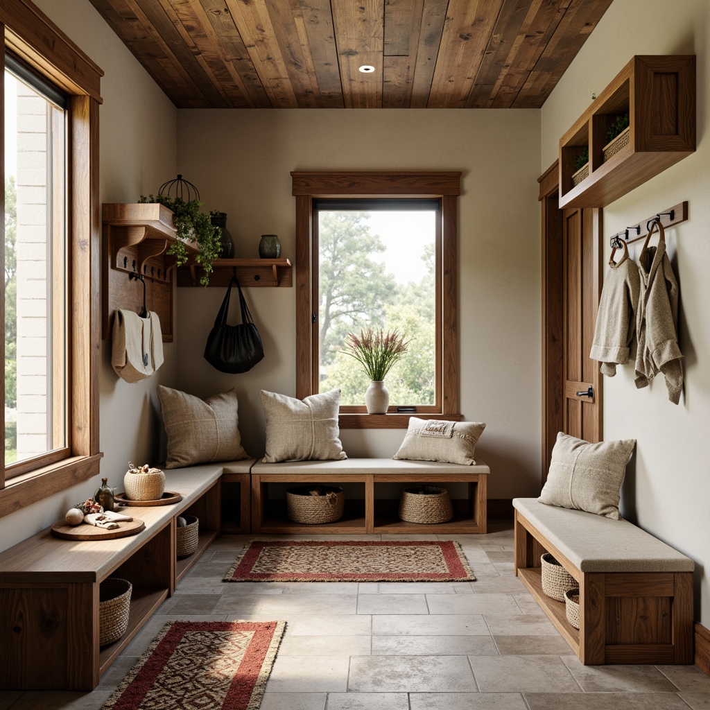 Prompt: Cozy mudroom, natural stone flooring, wooden benches, woven baskets, warm neutral colors, plush area rugs, functional storage cubbies, metal hooks, rustic wood accents, earthy tones, soft ambient lighting, 1/1 composition, shallow depth of field, realistic textures, ambient occlusion, water-resistant fabrics, stain-repellent treatments, durable upholstery, vibrant color accents, geometric patterned rugs, natural fiber textiles.