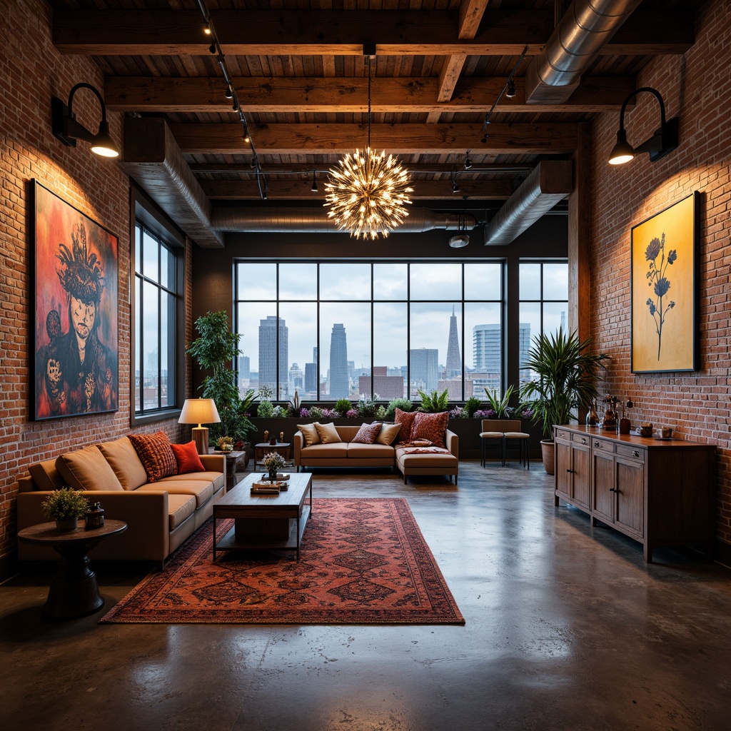 Prompt: Unique penthouse, eclectic style, industrial chic decor, exposed brick walls, polished concrete floors, reclaimed wood accents, metal beams, oversized windows, cityscape views, dramatic high ceilings, luxurious textiles, ornate chandeliers, pendant lights, sputnik fixtures, Edison bulbs, metallic shades, modern abstract art, rich jewel tones, warm ambient lighting, softbox diffusers, 1/2 composition, cinematic perspective, vibrant color grading, detailed textures.