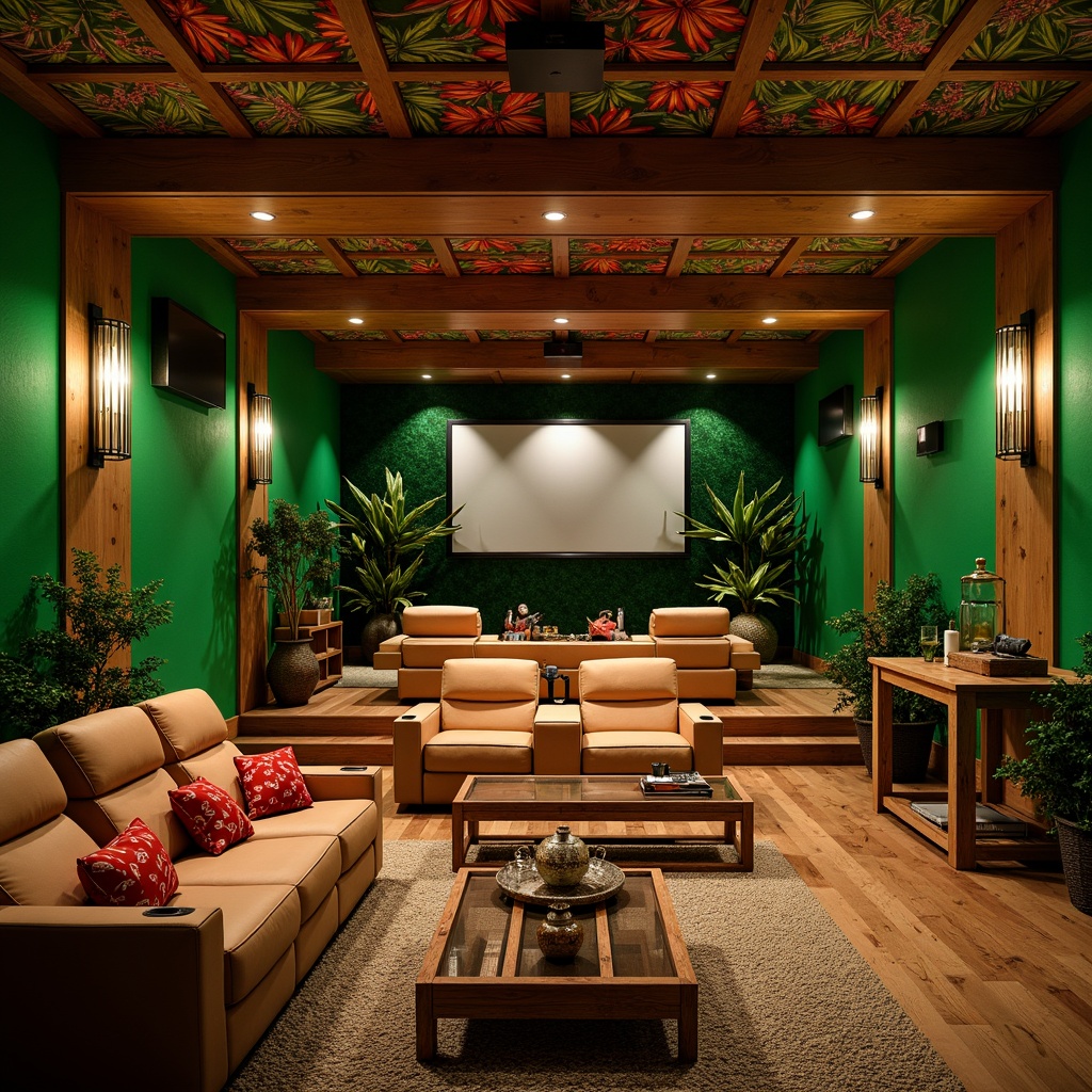 Prompt: Tropical cinema interior, lush green walls, exotic wood accents, vibrant colorful textiles, plush reclining seats, adjustable armrests, ample legroom, ergonomic design, soft cushioning, cooling ventilation systems, misting devices, natural fiber carpets, woven bamboo flooring, rattan furniture, warm ambient lighting, 3/4 composition, shallow depth of field, cinematic wide-angle lens, realistic renderings, detailed textures.