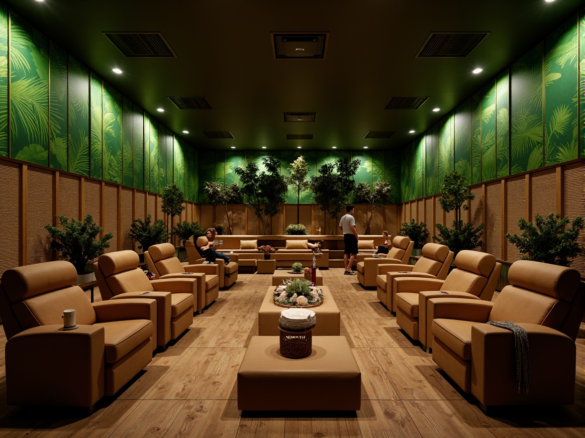 Prompt: Tropical cinema interior, lush green walls, natural wood accents, plush velvet seats, ergonomic design, reclining chairs, cup holders, soft cushioning, adjustable armrests, footrests, wide aisles, staggered seating arrangement, optimal viewing angles, minimal distractions, ambient warm lighting, subtle color scheme, woven bamboo screens, rattan furniture, exotic plant decorations, calming water features, misting system, shallow depth of field, 1/1 composition, realistic textures, cinematic sound design.