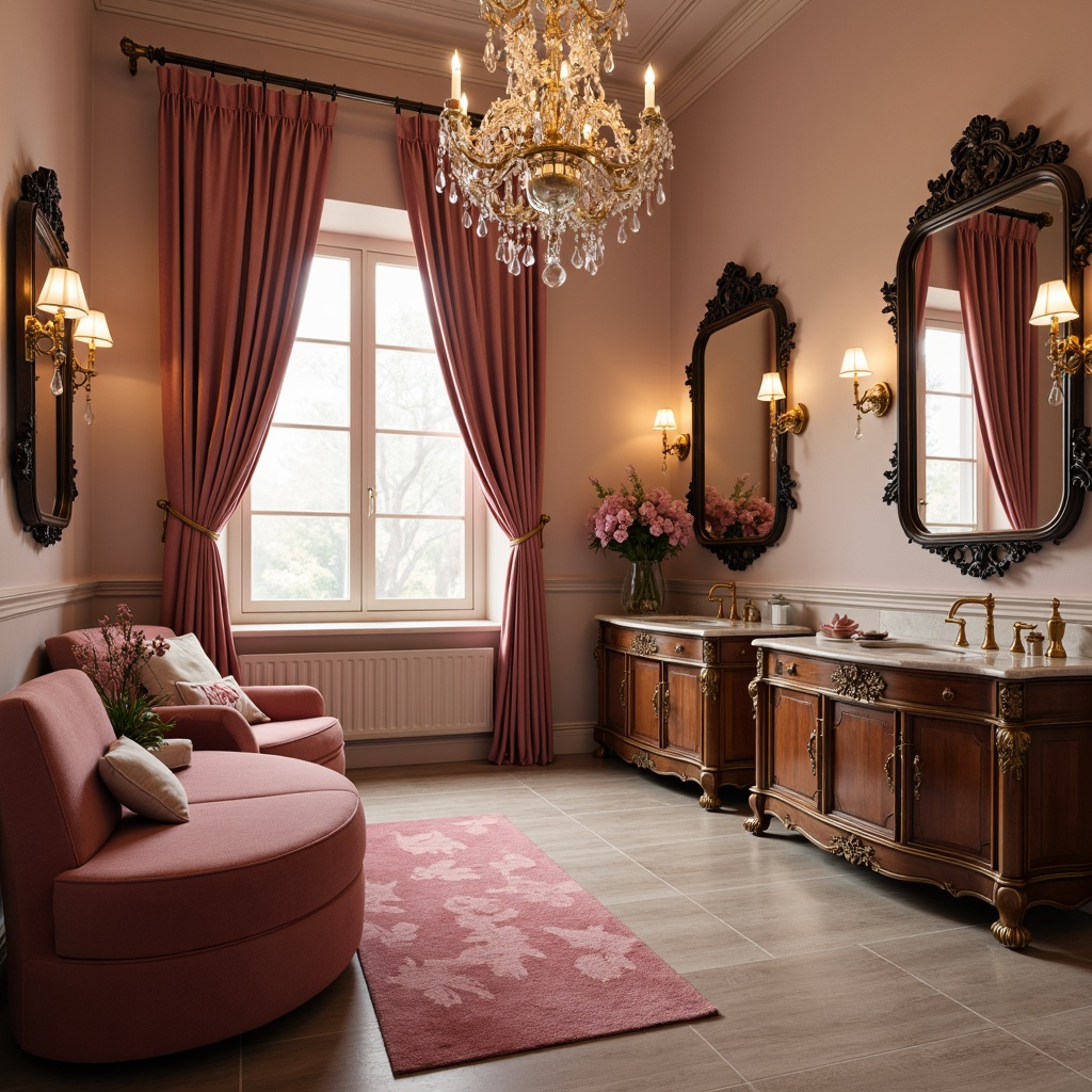 Prompt: Elegant powder room, luxurious velvet upholstery, antique gold fixtures, ornate mirrors, crystal chandeliers, soft pink hues, feminine accents, delicate lace patterns, marble countertops, ornate wooden cabinets, subtle scents, intimate ambiance, warm soft lighting, shallow depth of field, 1/1 composition, realistic textures, ambient occlusion.