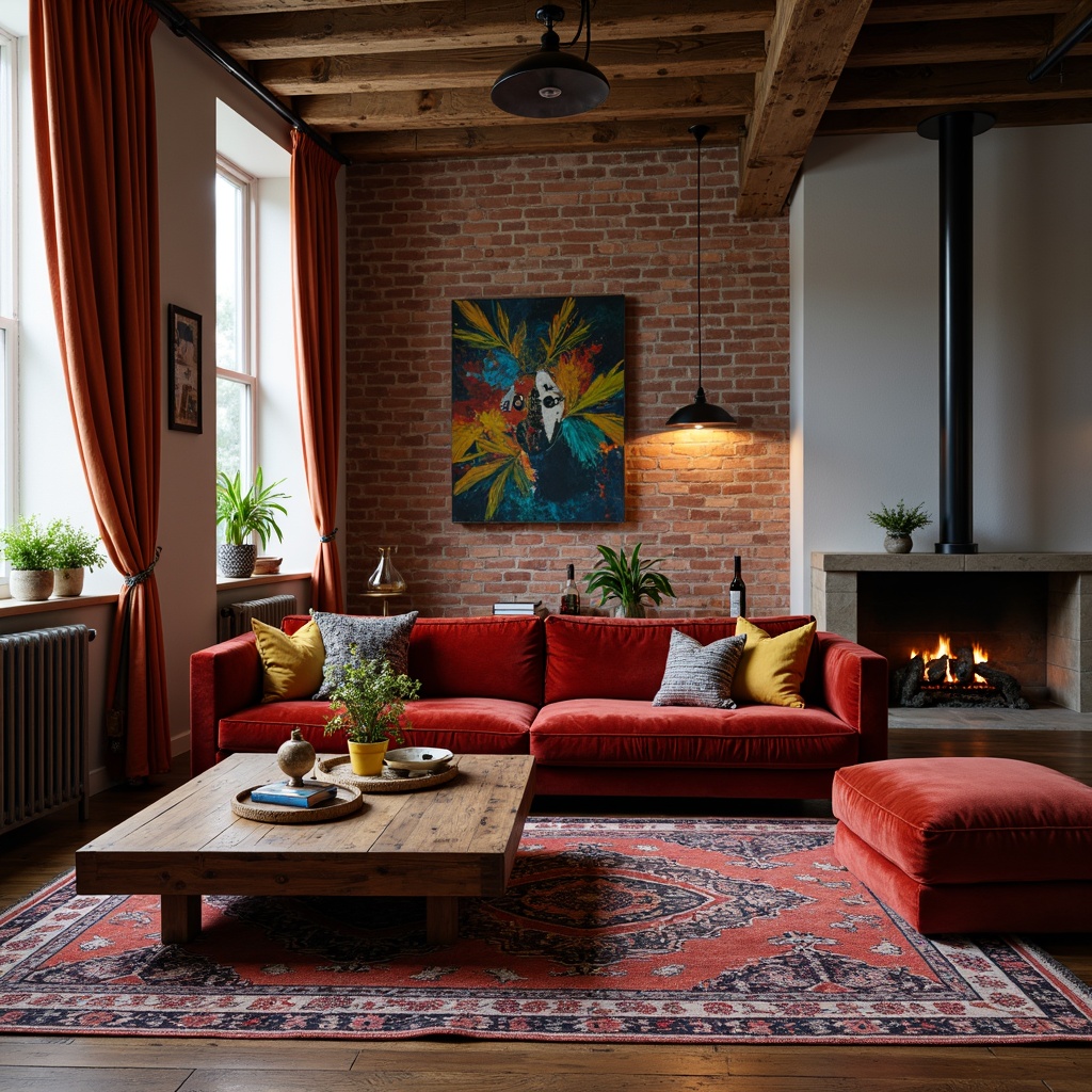 Prompt: Rich velvet sofa, distressed wood coffee table, eclectic vintage decor, patterned Moroccan rug, exposed brick wall, industrial metal lighting, reclaimed wood accent wall, natural stone fireplace, abstract modern artwork, bold colorful throw pillows, luxurious drapery, warm cozy ambiance, soft box lighting, shallow depth of field, 1/2 composition, realistic textures, ambient occlusion.