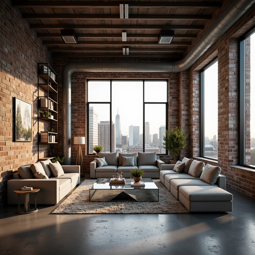 Prompt: Urban loft space, high ceilings, industrial chic decor, polished concrete floors, exposed brick walls, modern minimalist furniture, sleek glass accents, transparent coffee tables, geometric-shaped shelves, floor-to-ceiling windows, cityscape views, natural light pouring in, warm atmospheric lighting, shallow depth of field, 1/1 composition, realistic textures, ambient occlusion.