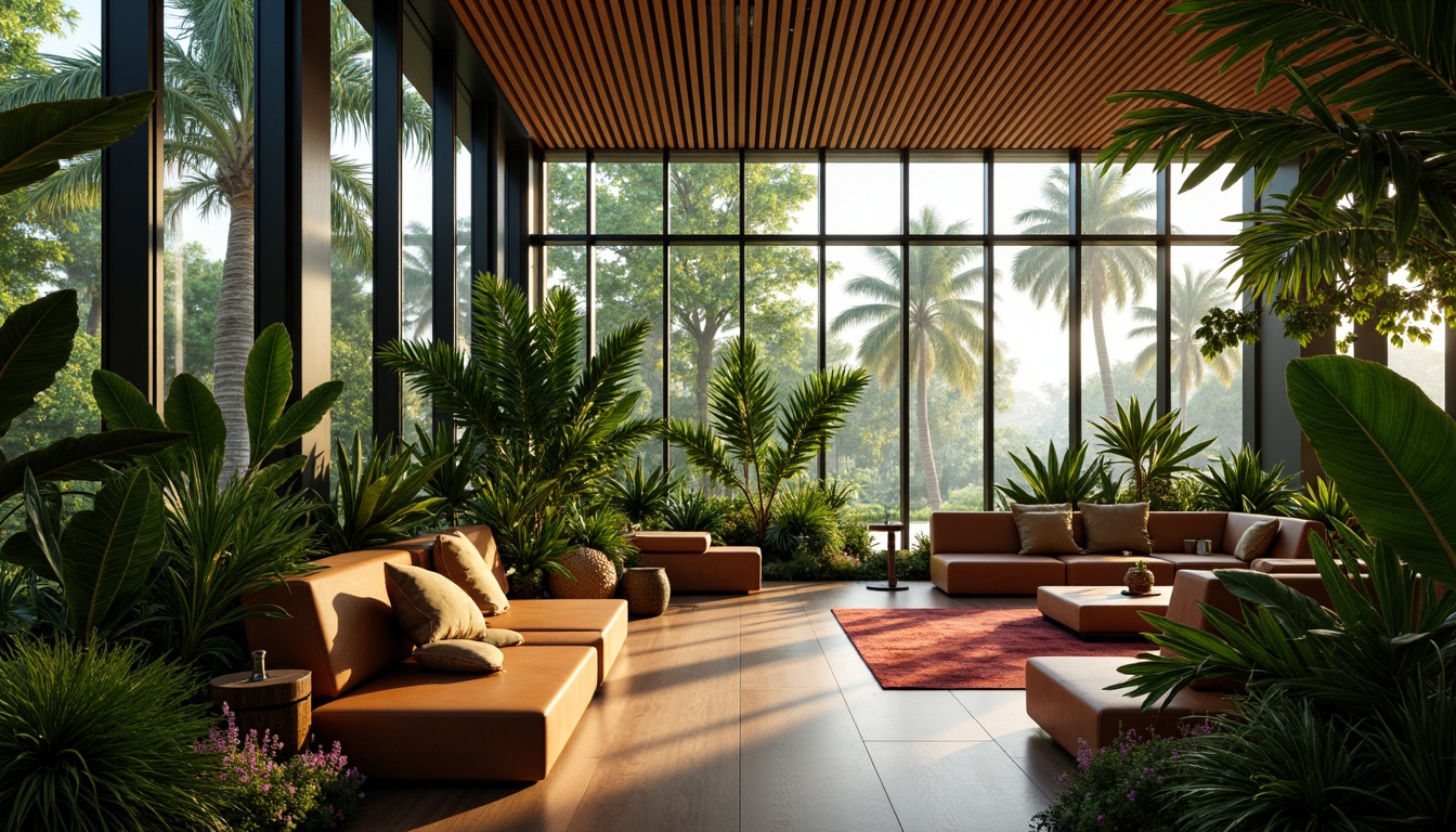 Prompt: Lush tropical cinema interior, glass partitions, exotic plants, warm wooden accents, vibrant color scheme, natural textures, modern minimalist design, sleek metal frames, floor-to-ceiling windows, abundant natural light, soft diffused lighting, shallow depth of field, 3/4 composition, cinematic seating, plush couches, ambient sound system, realistic wood grain, subtle reflections, airy atmosphere, warm humid climate.