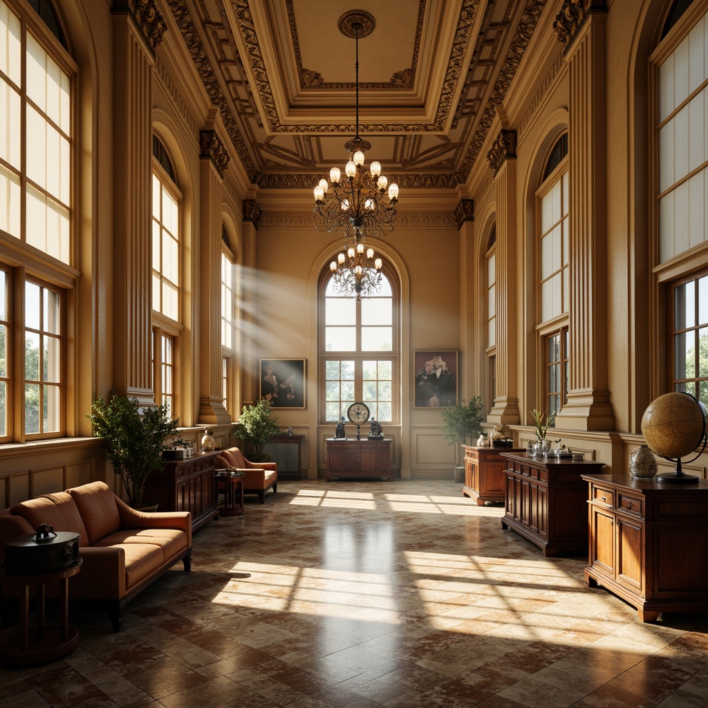 Prompt: Elegant science center, grandiose columns, ornate moldings, polished marble floors, warm beige walls, luxurious chandeliers, stately wooden furniture, vintage scientific instruments, antique globes, leather-bound books, intricate carvings, subtle ambient lighting, soft warm tones, atmospheric mist, 1/1 composition, symmetrical framing, realistic textures, detailed normal maps.