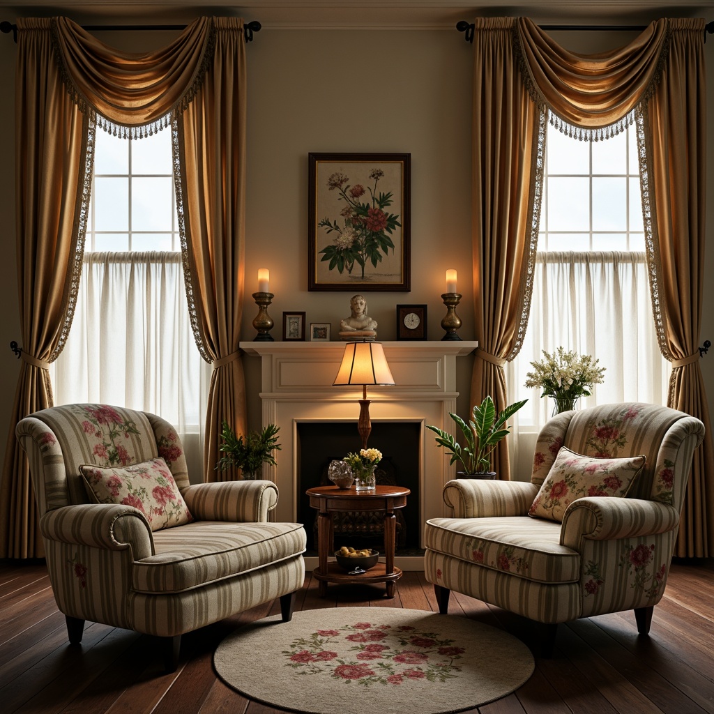 Prompt: Vintage floral fabrics, distressed velvet textures, soft pastel hues, linen drapes, lace trimmings, ruffled curtains, ornate wooden furniture, antique brass hardware, worn leather armchairs, faded stripes, rustic wooden floors, warm candlelight, intimate cozy atmosphere, 1/1 composition, shallow depth of field, soft focus, warm color tone.