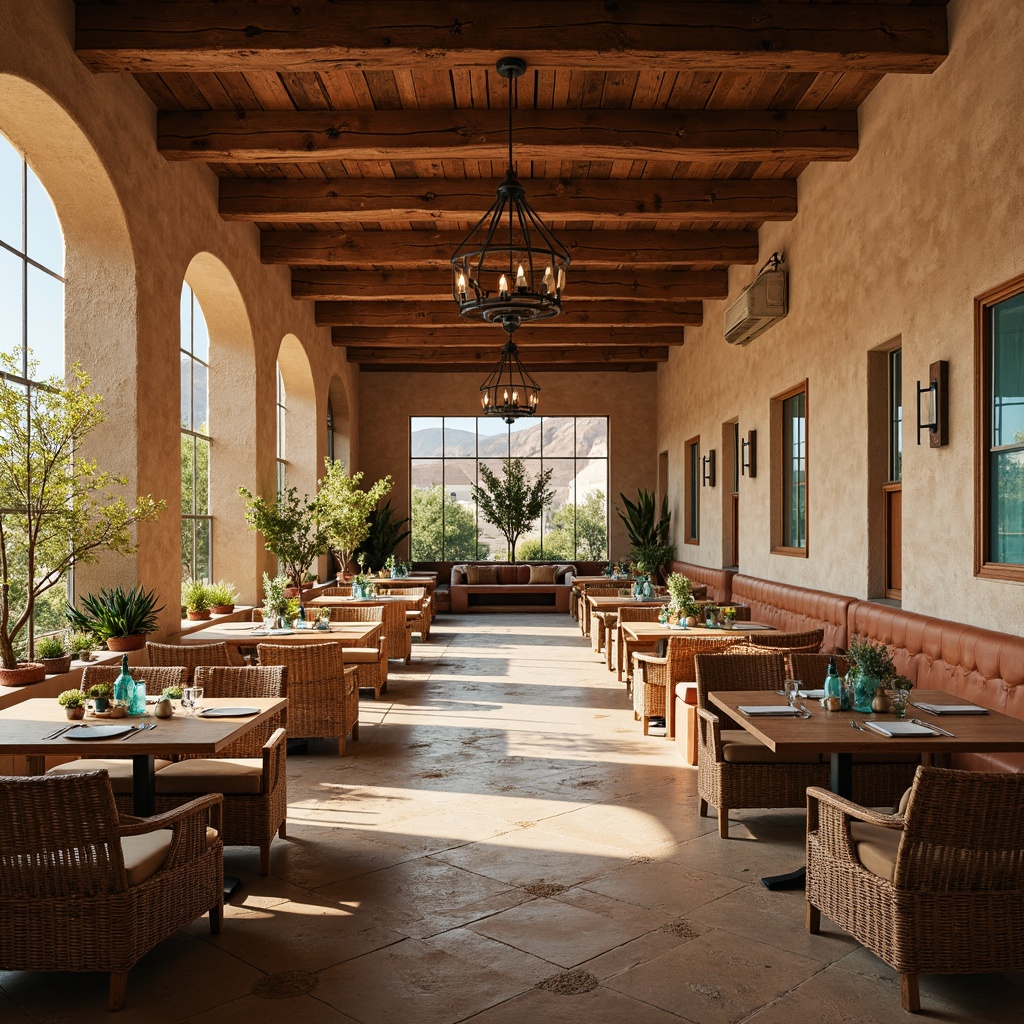 Prompt: Earthy southwestern dining hall, rustic wooden tables, woven wicker chairs, vibrant turquoise accents, natural stone flooring, adobe-inspired architecture, large windows, warm sandy hues, desert botanicals, cacti decorations, vintage Navajo patterns, distressed leather upholstery, reclaimed wood beams, soft warm lighting, shallow depth of field, 3/4 composition, panoramic view, realistic textures, ambient occlusion.