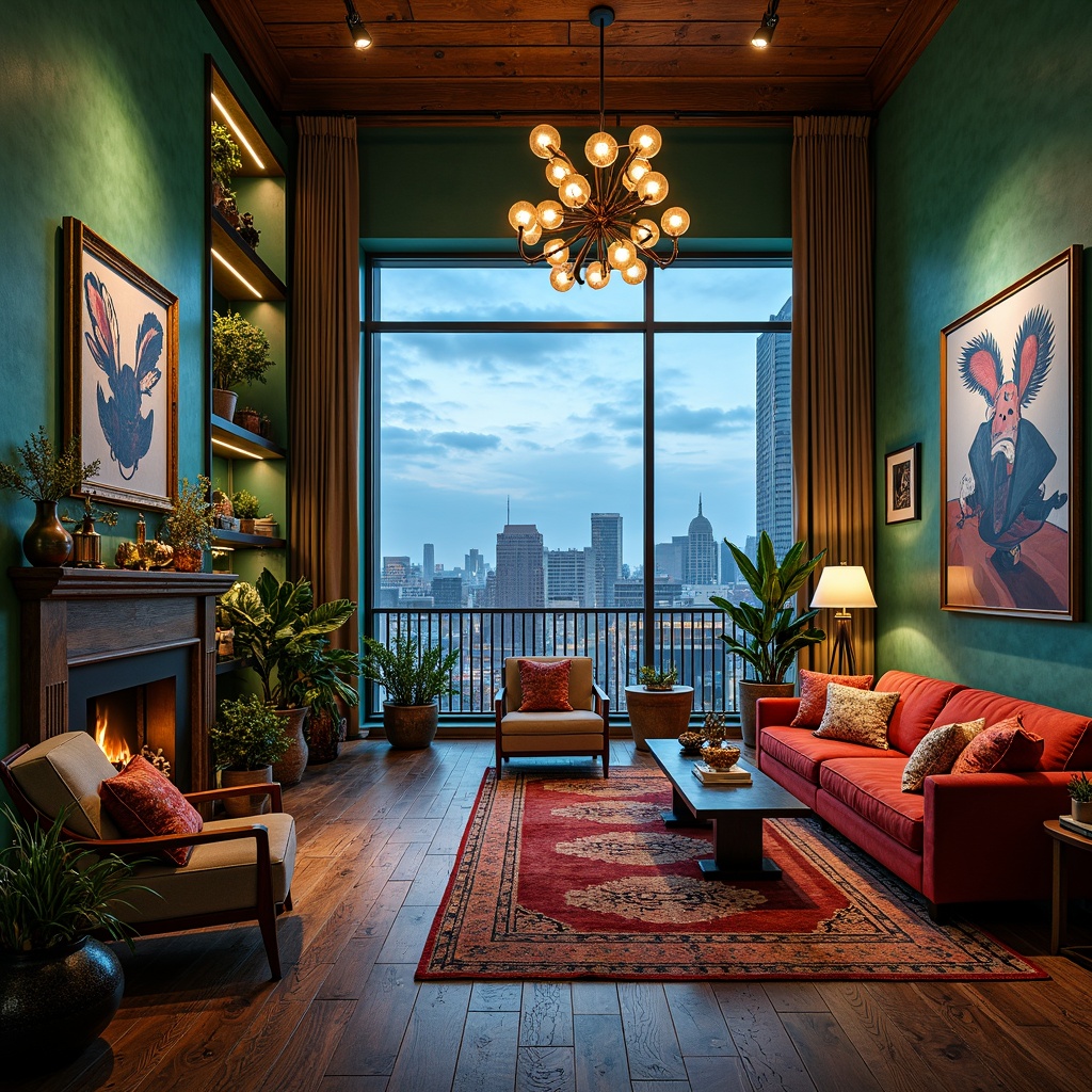 Prompt: Vibrant eclectic penthouse, rich jewel tones, bold turquoise walls, warm golden lighting, lavish velvet furnishings, ornate antique decorations, abstract artwork, distressed wood floors, industrial metal accents, lush greenery, exotic plants, panoramic city views, floor-to-ceiling windows, sleek modern chandeliers, eclectic patterned rugs, soft plush throw blankets, 3/4 composition, shallow depth of field, warm ambient lighting.