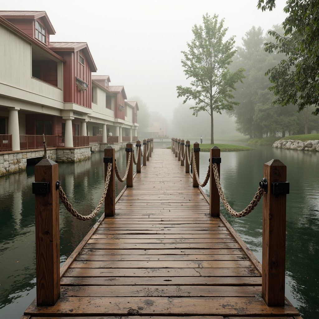 Prompt: Weathered wooden docks, vintage nautical ropes, soft misty morning, serene lake views, classic boathouse architecture, creamy whites, warm beiges, rustic reds, earthy browns, subtle gold accents, ornate metal fixtures, distressed wood textures, natural stone foundations, lush greenery, tranquil water reflections, gentle ripples, overcast skies, warm soft lighting, shallow depth of field, 2/3 composition, realistic materials, ambient occlusion.