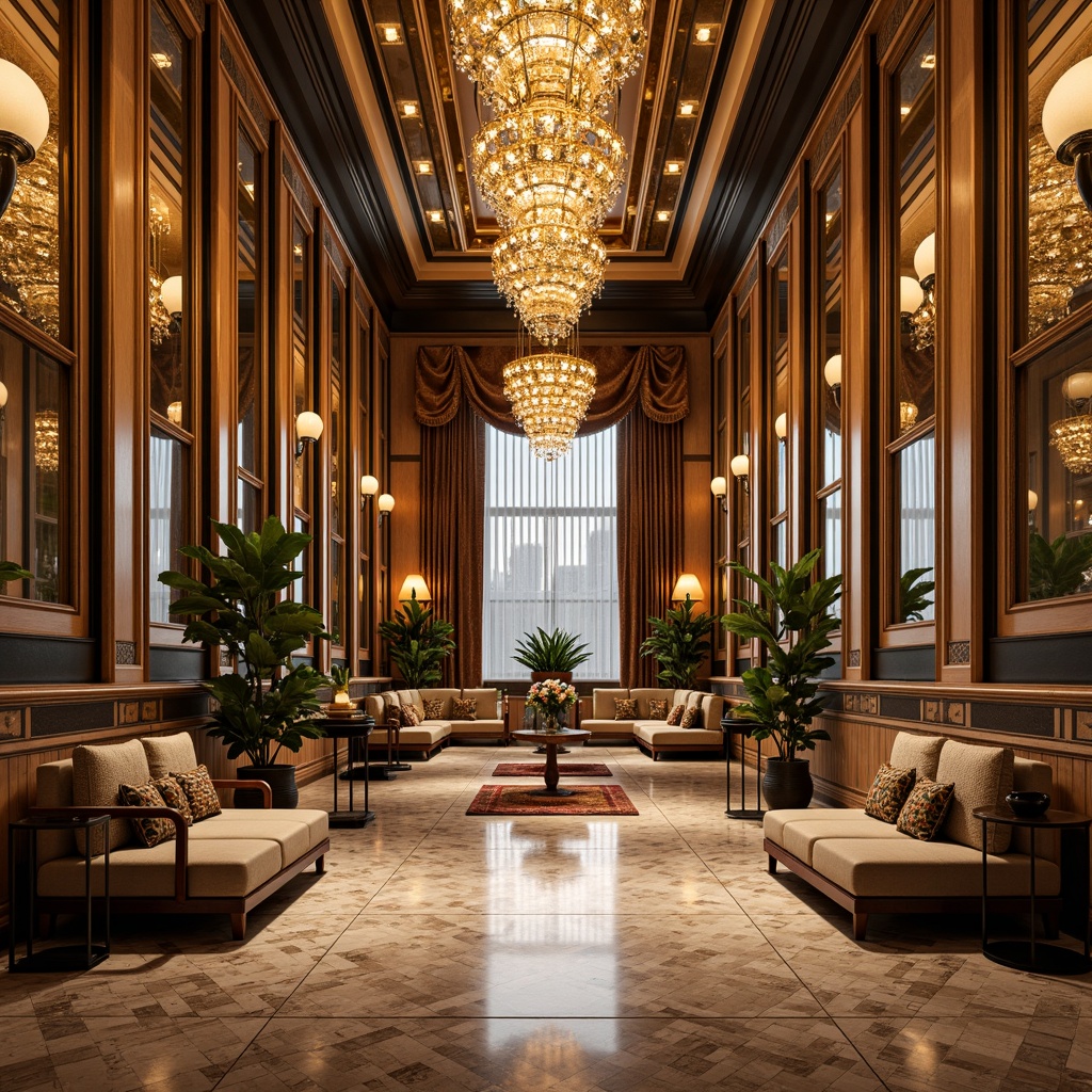 Prompt: Luxurious art deco interior, metallic gold accents, ornate mirrors, geometric patterns, marble wall cladding, inlaid wood paneling, bold color schemes, opulent textiles, beveled edges, sunburst motifs, chevron designs, zigzag patterns, lavish moldings, crystal chandeliers, ambient lighting, high-contrast shadows, 1/2 composition, shallow depth of field, realistic reflections.