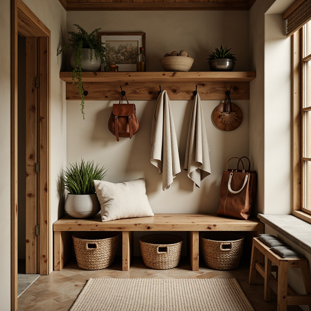 Prompt: Earthy mudroom, rustic wooden bench, woven wicker baskets, natural stone flooring, warm beige walls, earthy brown accents, soft sage greenery, vintage metal hooks, distressed wood shelving, cozy throw blankets, rich leather accessories, warm golden lighting, shallow depth of field, 1/1 composition, realistic textures, ambient occlusion.