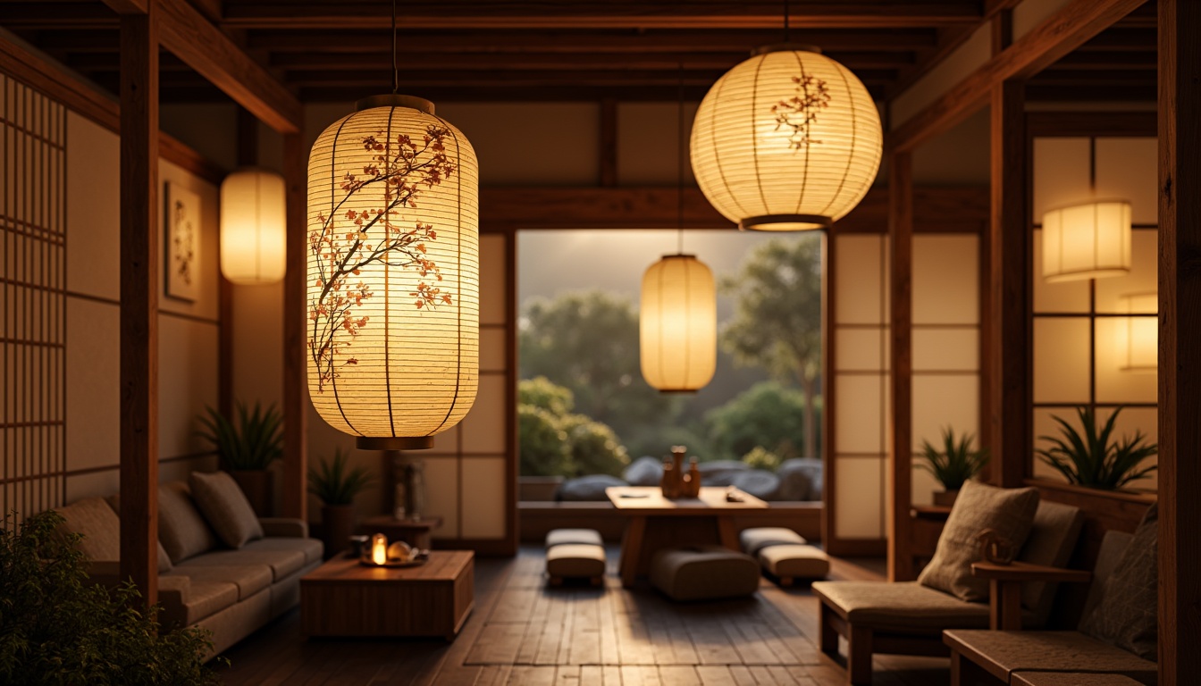 Prompt: Traditional Japanese lanterns, warm soft glow, paper shades, natural wood accents, minimalist design, subtle ornamentation, delicate cherry blossom patterns, rustic metal fixtures, earthy tone ceramics, woven bamboo textures, serene ambient lighting, gentle spotlighting, 1/1 composition, realistic material rendering, atmospheric misting effects.