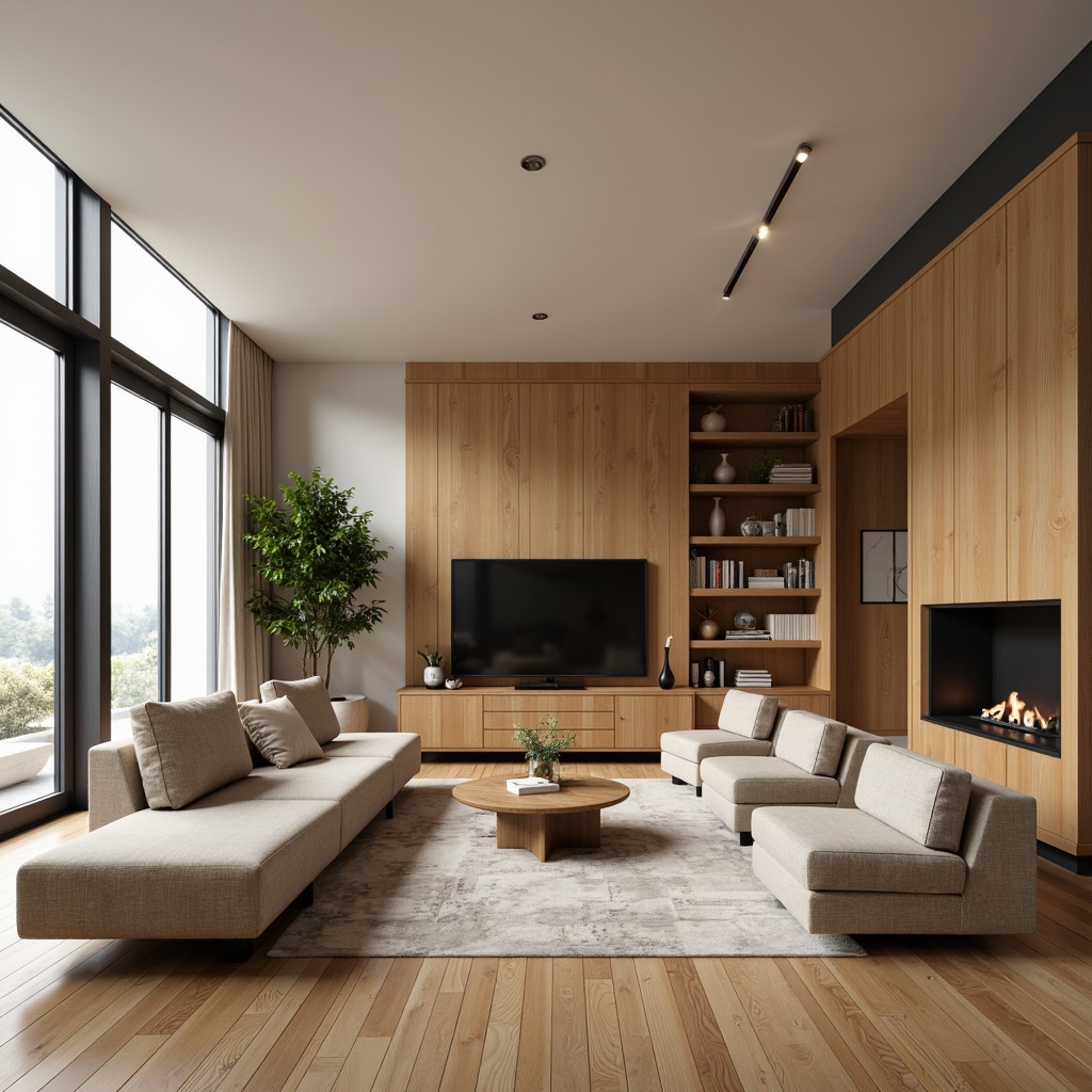 Prompt: Modern living room, sleek wooden floor, comfortable couch, accent chairs, coffee table, TV stand, bookshelves, minimalist decor, natural light, large windows, sliding glass doors, cozy reading nook, functional storage units, cleverly designed corners, harmonious color scheme, warm beige tones, soft ambient lighting, 1/1 composition, realistic textures, subtle reflections.